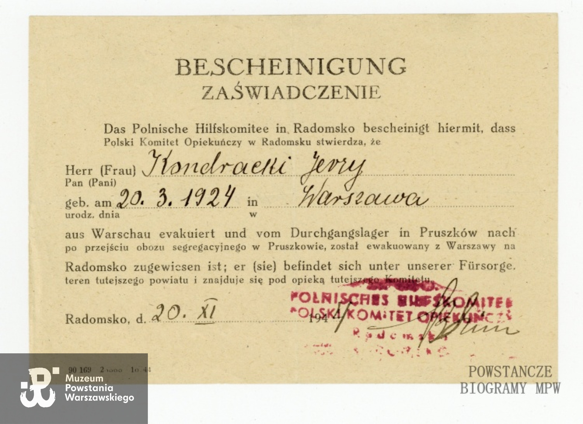 Ze zbiorów Muzeum Powstania Warszawskiego, dar Haliny Kondrackiej.