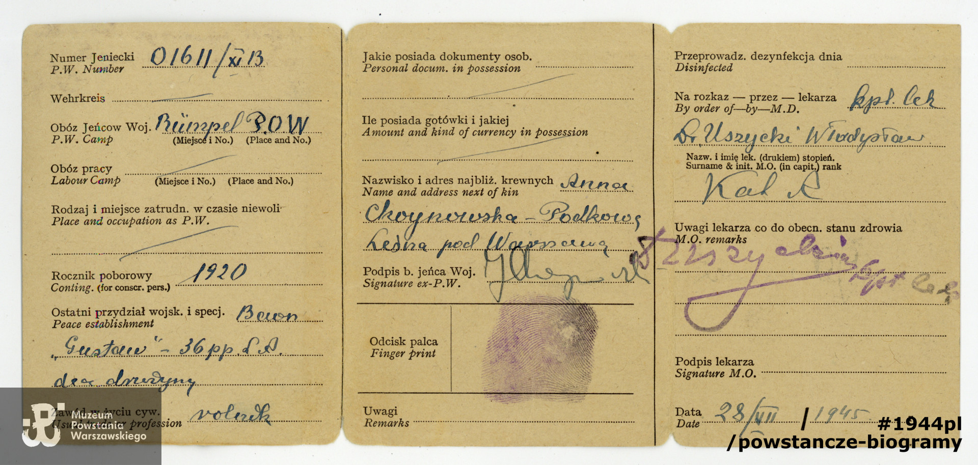 Legitymacja byłego jeńca wojennego. Z archiwum rodzinnego p. Michała Choynowskiego, syna.