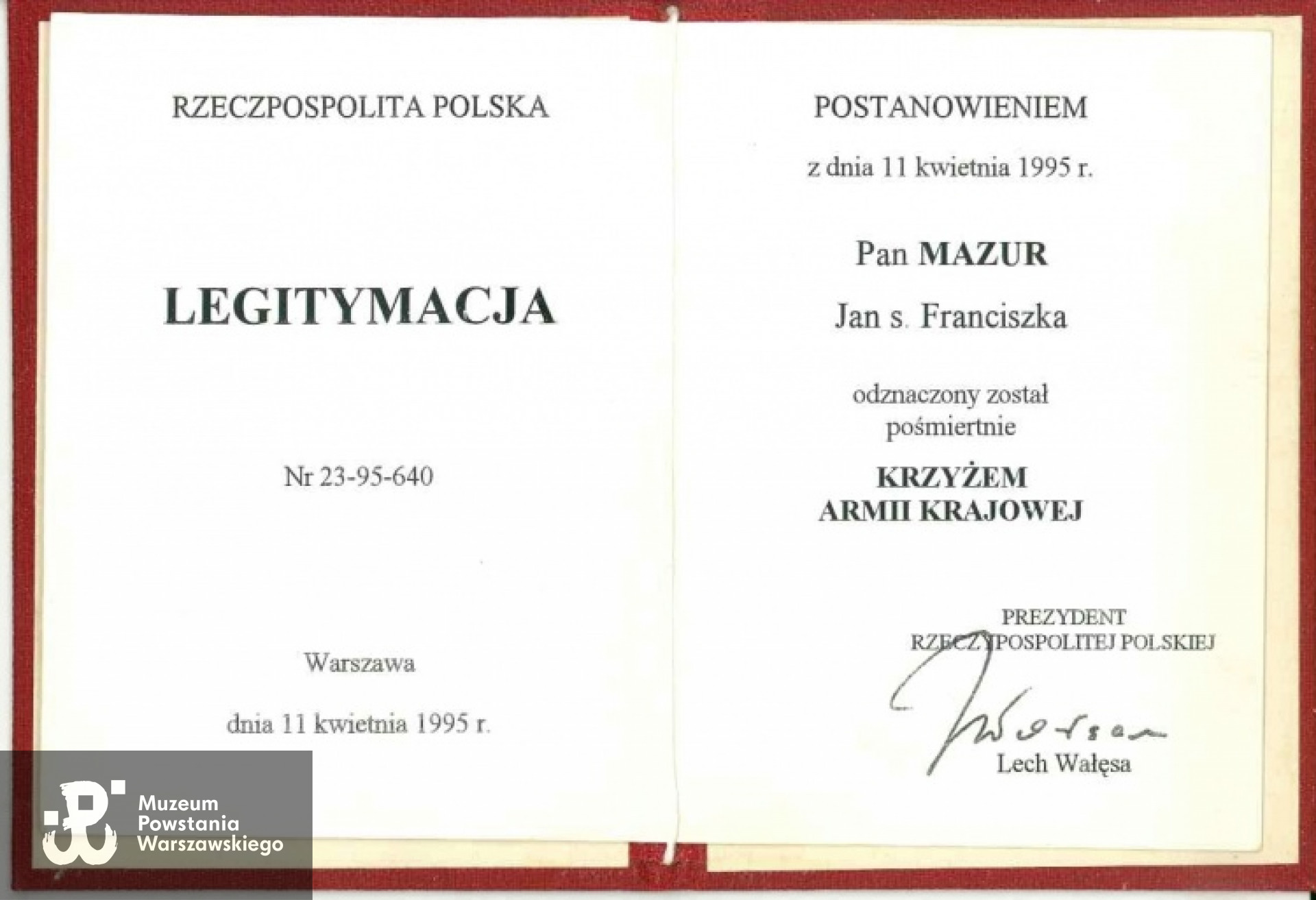 Legitymacja odznaczenia Krzyżem Armii Krajowej. Dokument udostępniony przez p. Piotra Chróściela