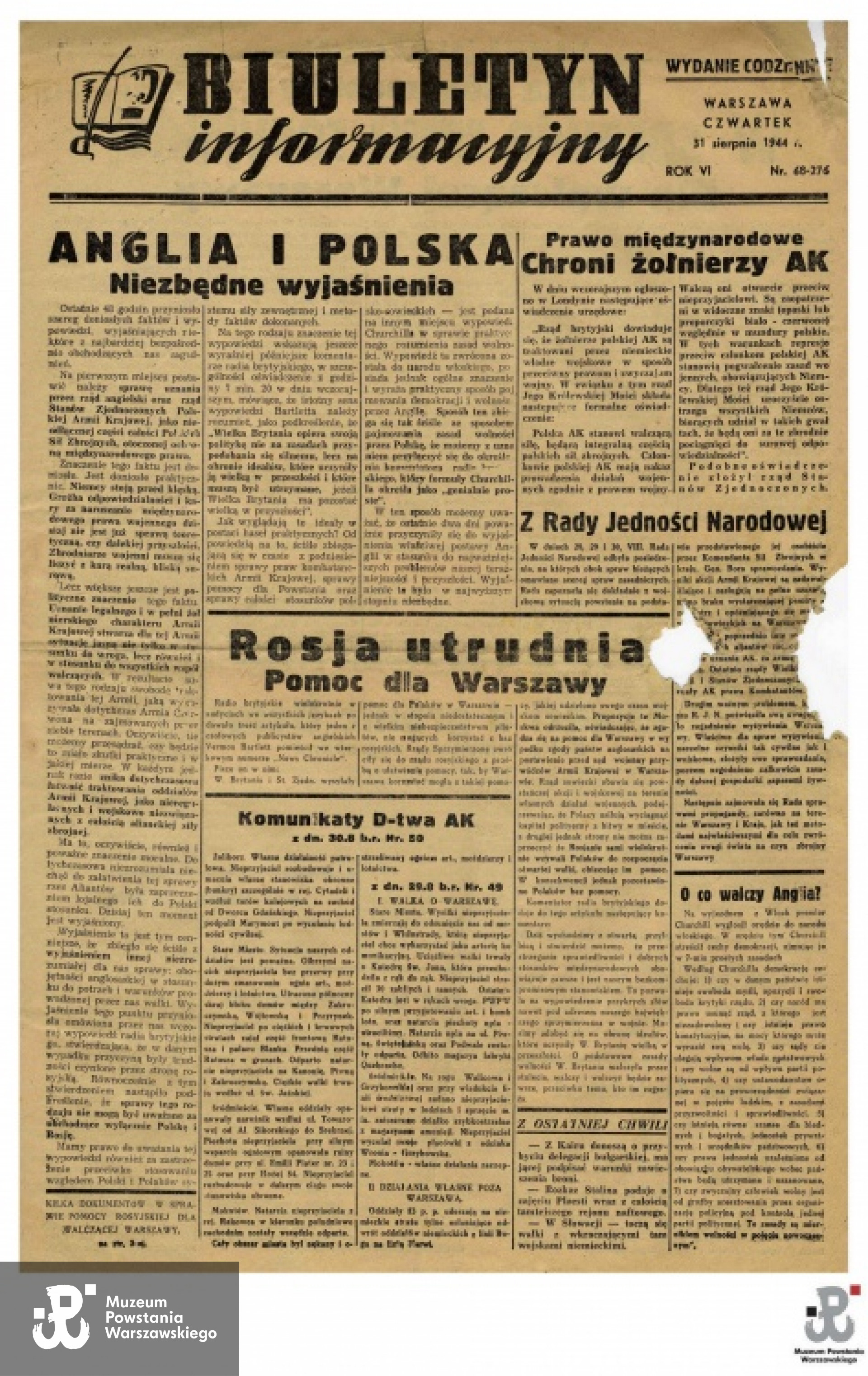 "Biuletyn Informacyjny" nr. 68 (276) z dn. 31.08. 1944, w którym pojawiła się informacja od Hanny Cour de Banowskiej. Fot. AR MPW