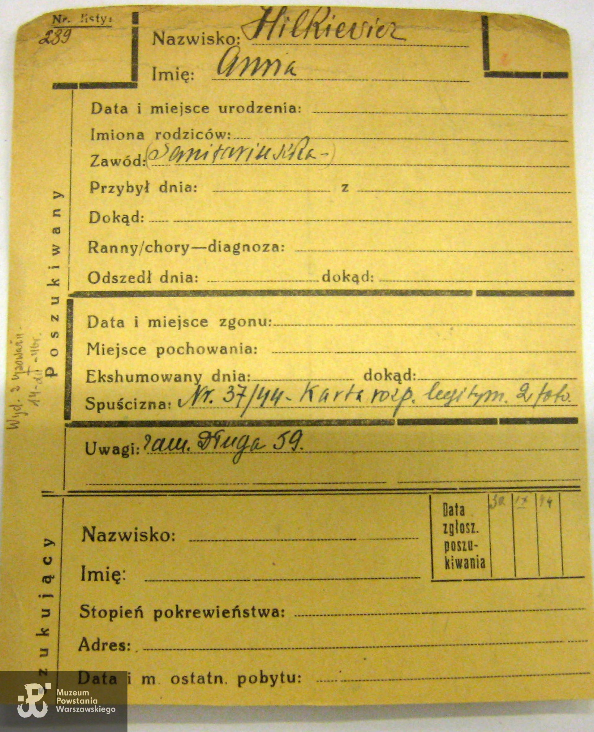 Polski Czerwony Krzyż - kartoteka, odnotowany depozyt - karta rozpoznawcza (kenkarta), 2 fotografie, listy - depozyt wydano z upoważnienia, 14.12.1946