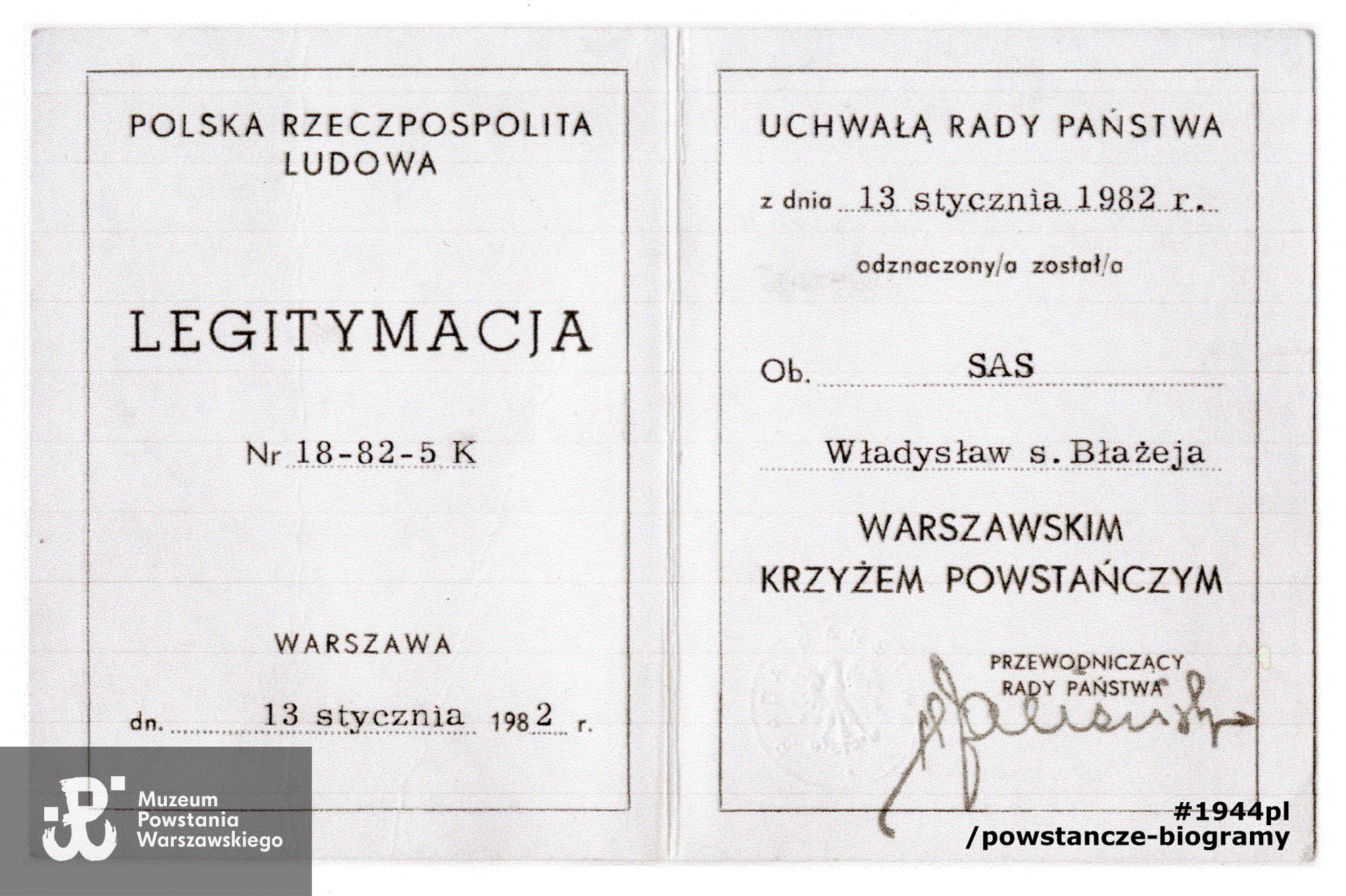 Legitymacja odznaczeniowa - Warszawski Krzyż Powstańczy. Ze zbiorów prywatnych.