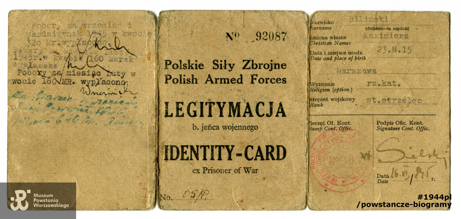 Należąca do Kazimierza Bilińskiego legitymacja byłego jeńca wojennego.   Ze zbiorów rodzinnych pp. Stokłosów. Skany wykonano w Muzeum Powstania Warszawskiego w listopadzie 2021 r.