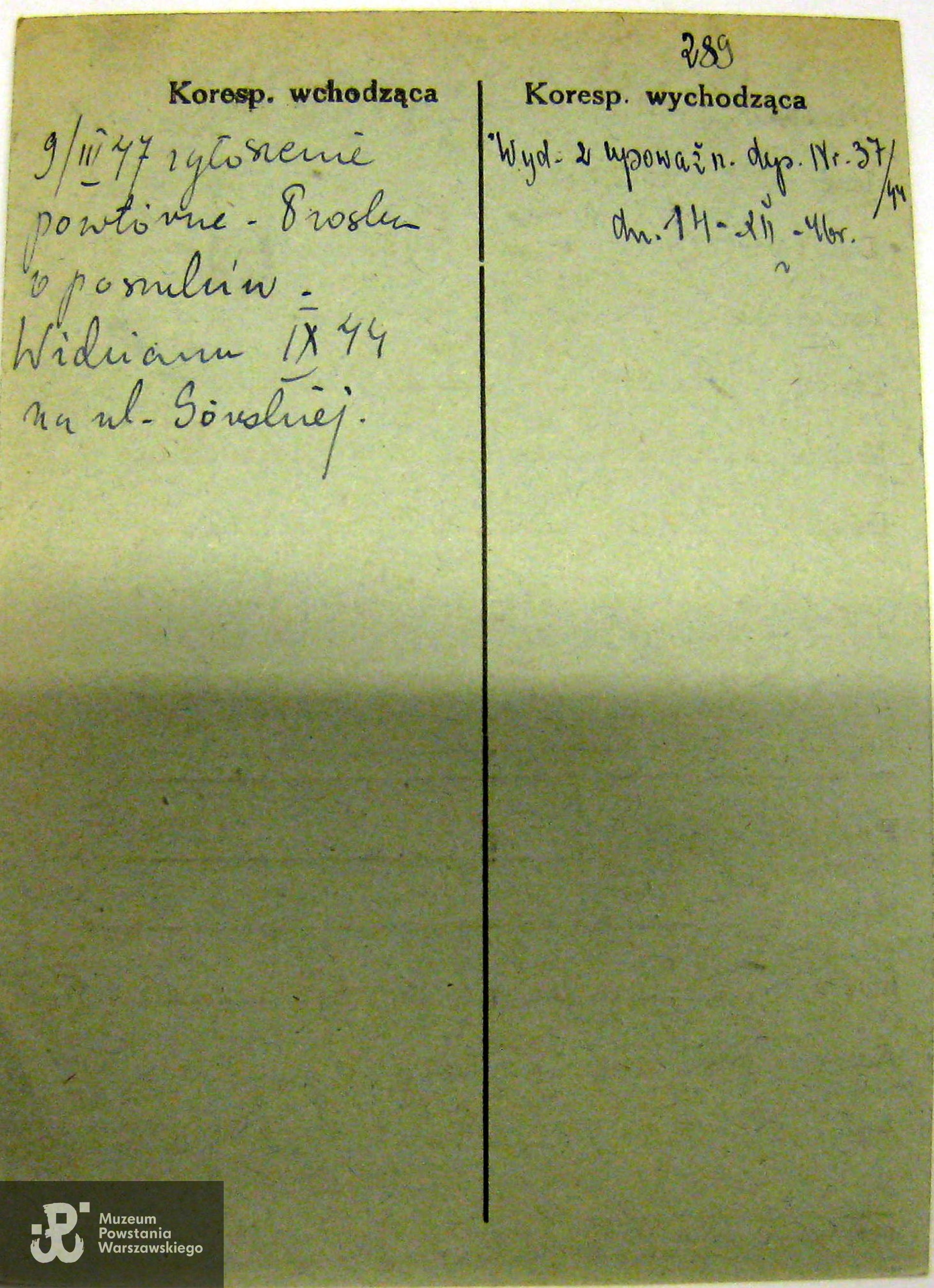 Polski Czerwony Krzyż - kartoteka, prośba siostry Eugenii Hilkiewicz do PCK o wydanie depozytu - przedmiotów siostry, 4.12.1946 rok, rewers karty 