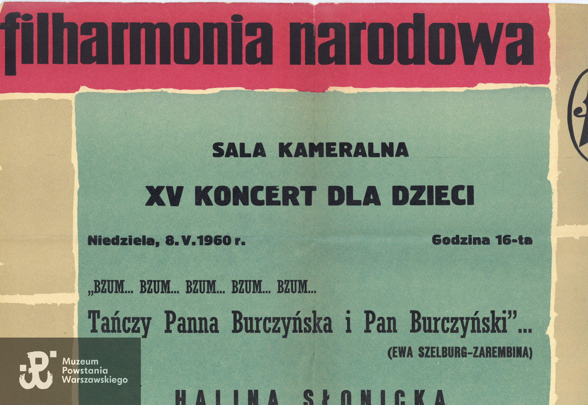 Fragment plakatu Filharmonii Narodowej zapraszający na  XV Koncert Dla Dzieci w Sali Kameralnej FN - 1960. Ze zbiorów prywatnych p. Ewy Bieżan