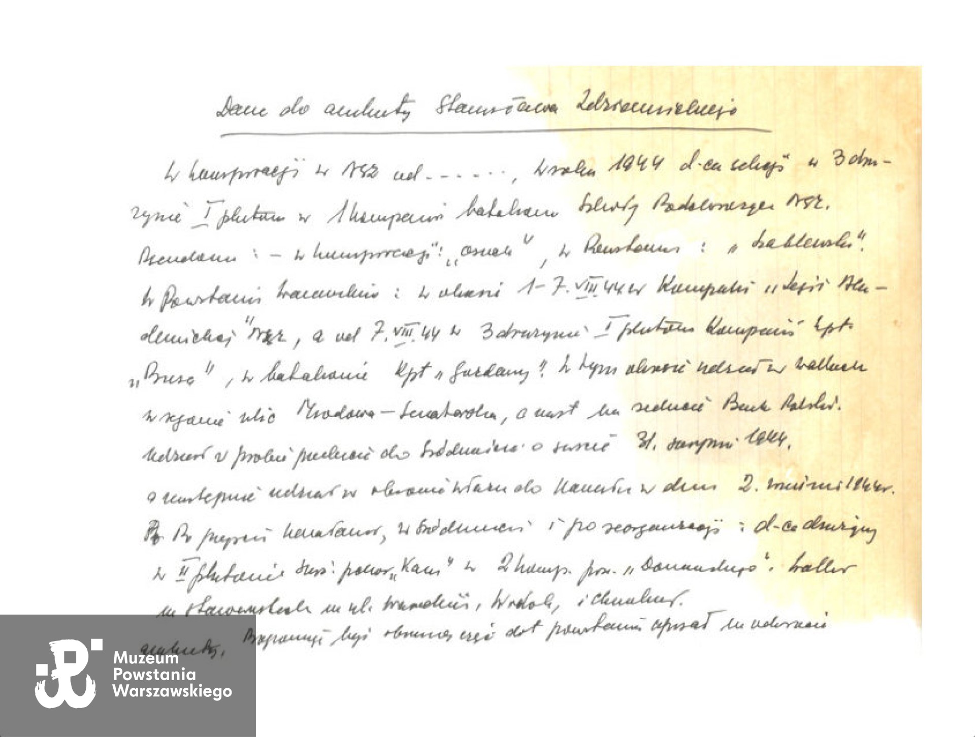 Notatka  Witolda Szuleckiego "Kani".  Z archiwum p. Pawła Zdziennickiego