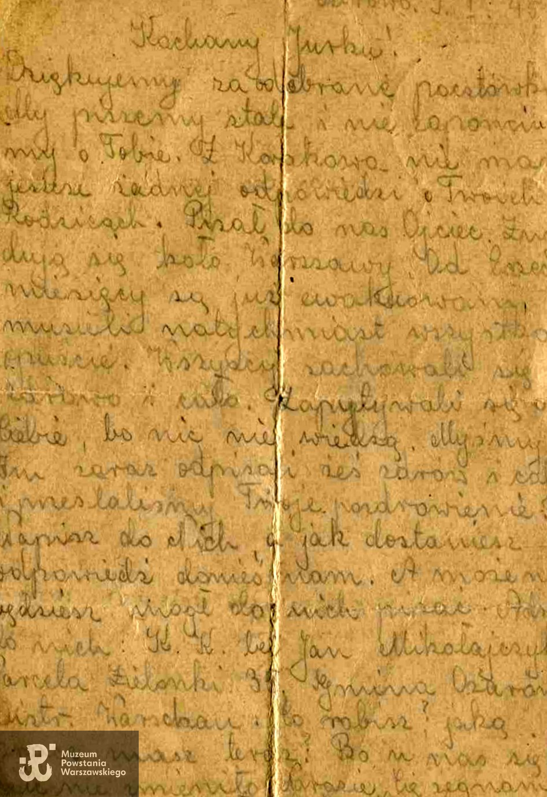  Wiadomość wysłana do strz. Jerzego Kuścielka, jeńca w Kriegsgefangenen Arbeitskommando 274/2 w Gatersleben. Nadawca nieczytelny. Dokument ze zbiorów Muzeum Powstania Warszawskiego, sygn. MPW-A/4323 (P/4740/06)