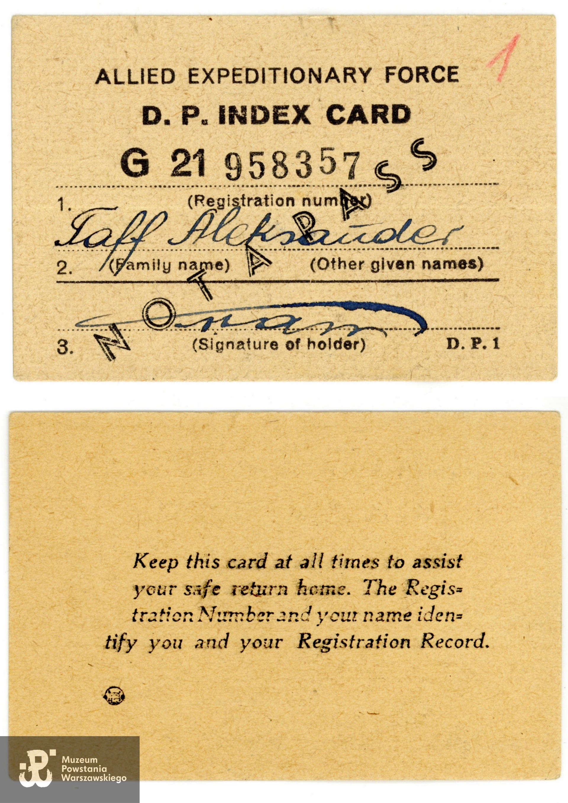 Należąca do Aleksandra Taffa D. P. Index Card.  Ze zbiorów rodzinnych, udostępniła wnuczka Powstańca, p. Paulina Taff. Skany wykonano w Muzeum Powstania Warszawskiego, 06/2024