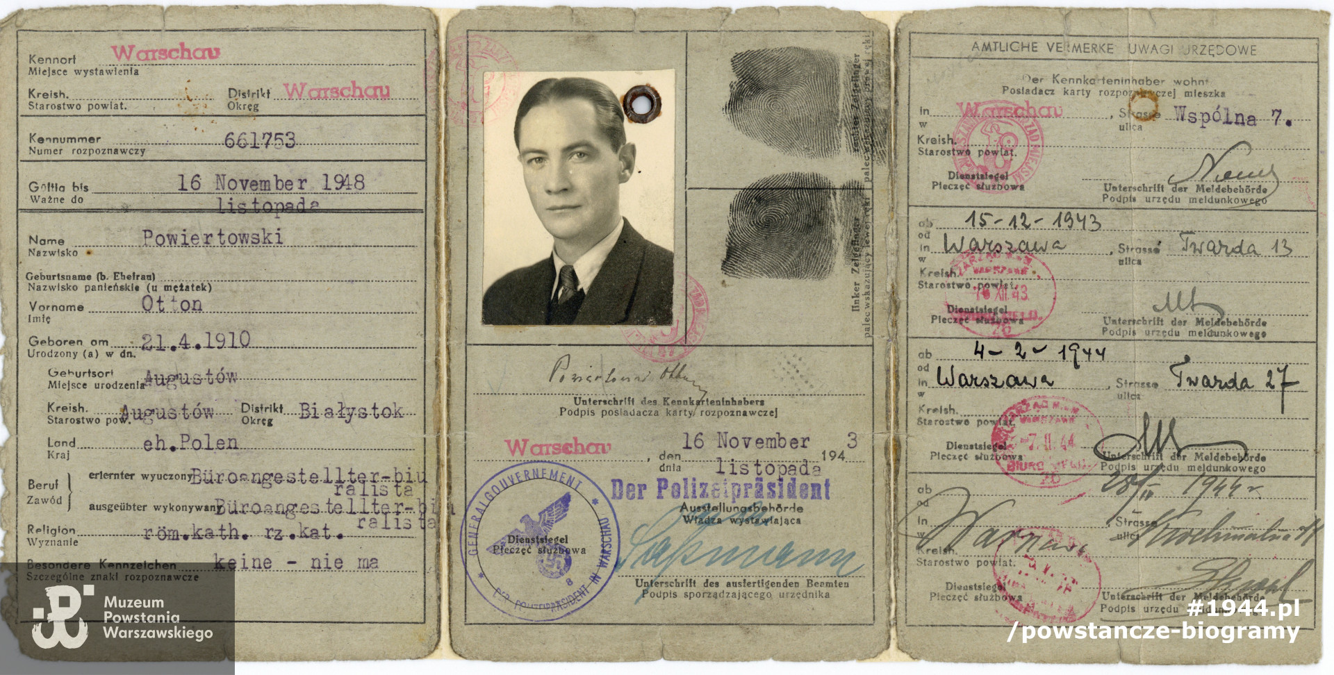 Należąca do por. Ottona Wiszniewskiego  fałszywa niemiecka kenkarta z okresu okupacji. Dokument przygotowany w Ośrodku Szkoleniowym cichociemnych w Audley End (Essex)  w Wielkiej Brytanii w 1943 roku, wystawiony na konspiracyjne nazwisko "Otton Powiertowski".  Z archiwum rodzinnego córki, p. Joanny Brejnak 