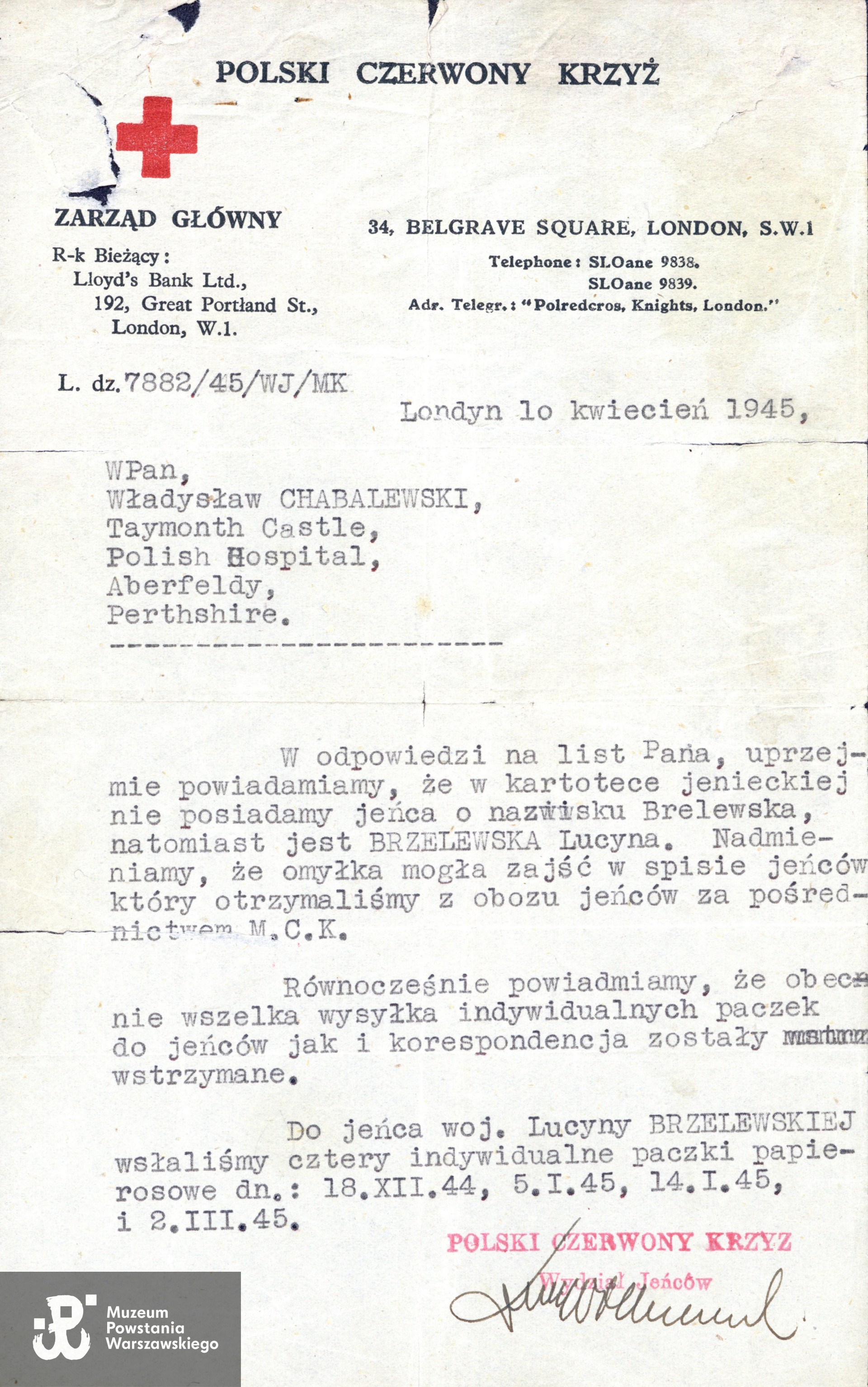 Pismo z  Polskiego Czerwonego Krzyża z 1945 roku informujące, że w kartotece jenieckiej występuje nie Lucyna Brelewska, a Brzelewska.  Ze zbiorów rodzinnych, do wykonania skanu udostępniła p. Aleksandra Wolnicka. Skany wykonano w Muzeum Powstania Warszawskiego 02/2025