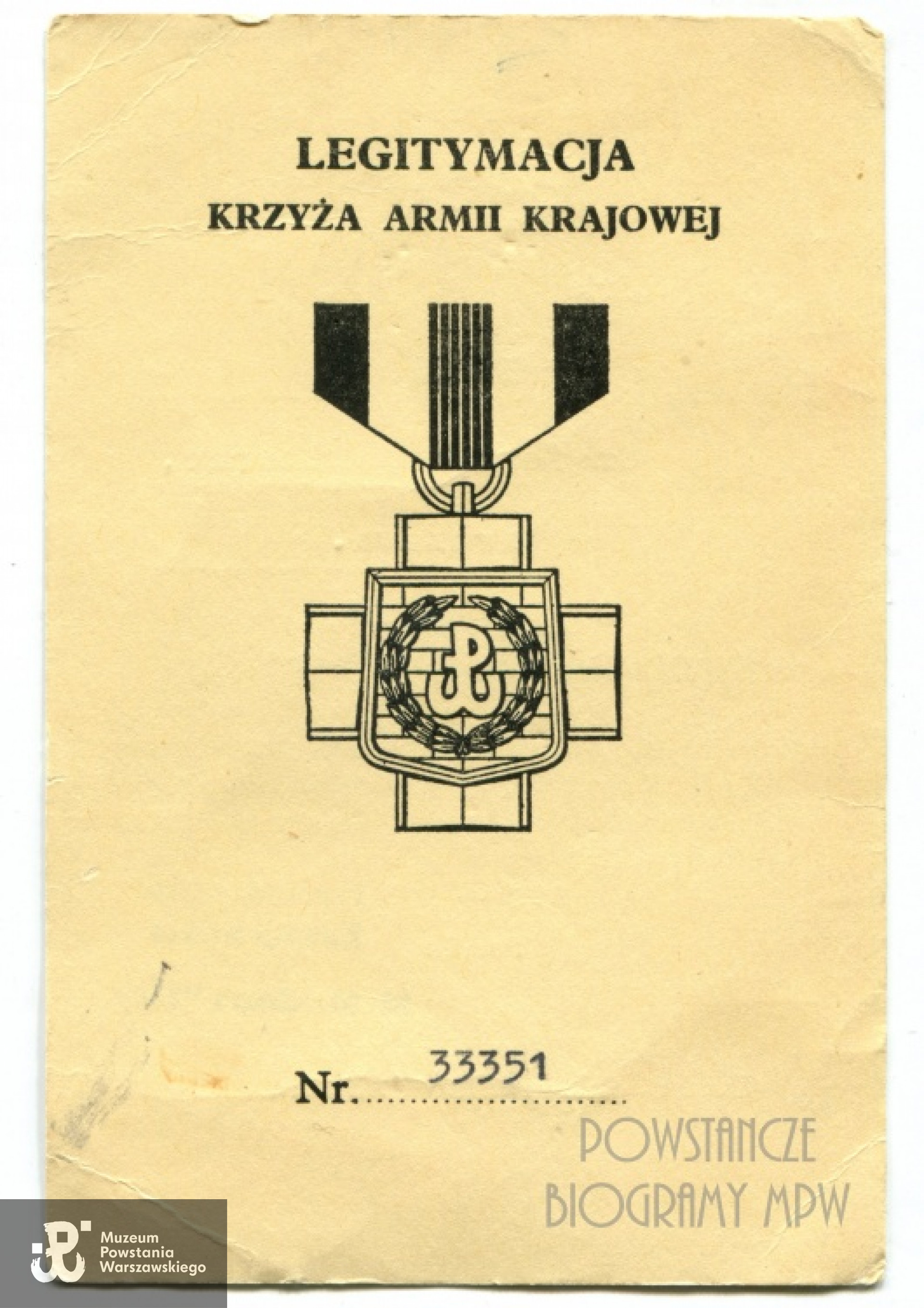 Legitymacja odznaczenia Krzyżem Armii Krajowej. Ze zbiorów rodzinnych