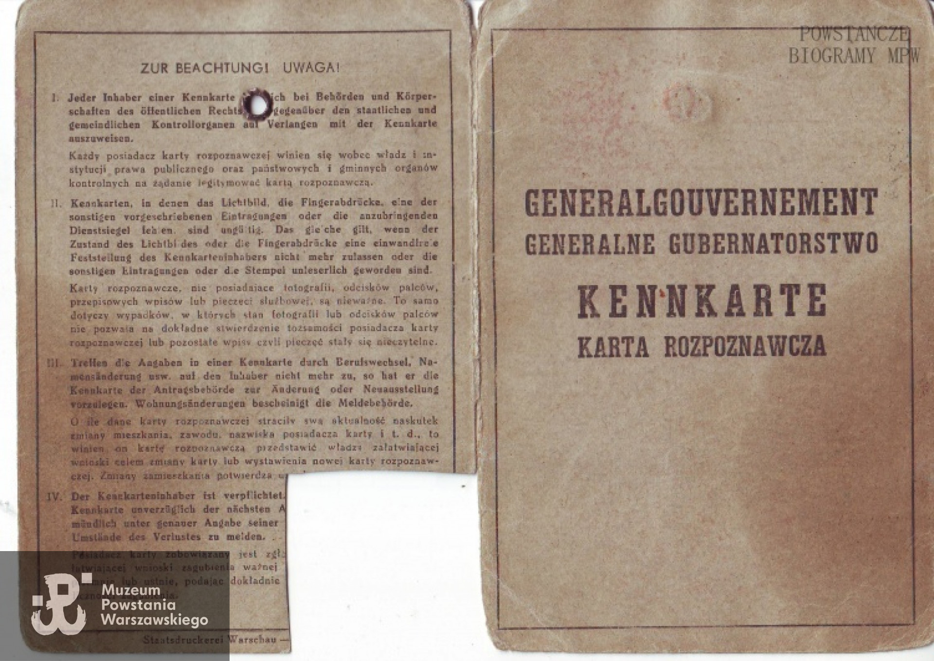 Okupacyjna kenkarta Józefa Borkowskiego. Dokument ze zbiorów rodzinnych p.  Anny Witkowskiej, córki Powstańca.