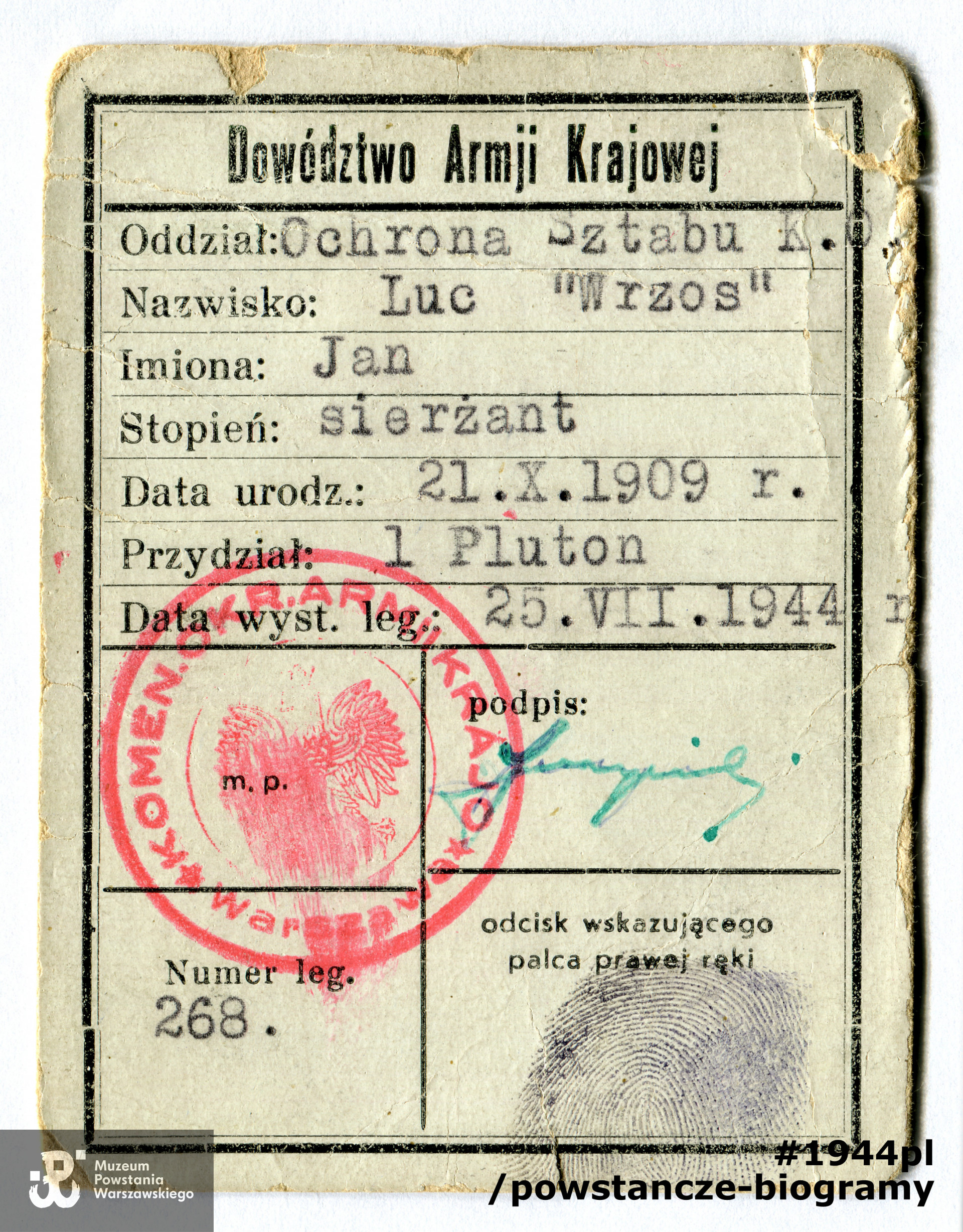 Należąca do sierż. Jana Luca "Wrzosa" legitymacja Armii Krajowej. Dokument ze zbiorów rodzinnych p. Marka Luca, syna Powstańca.