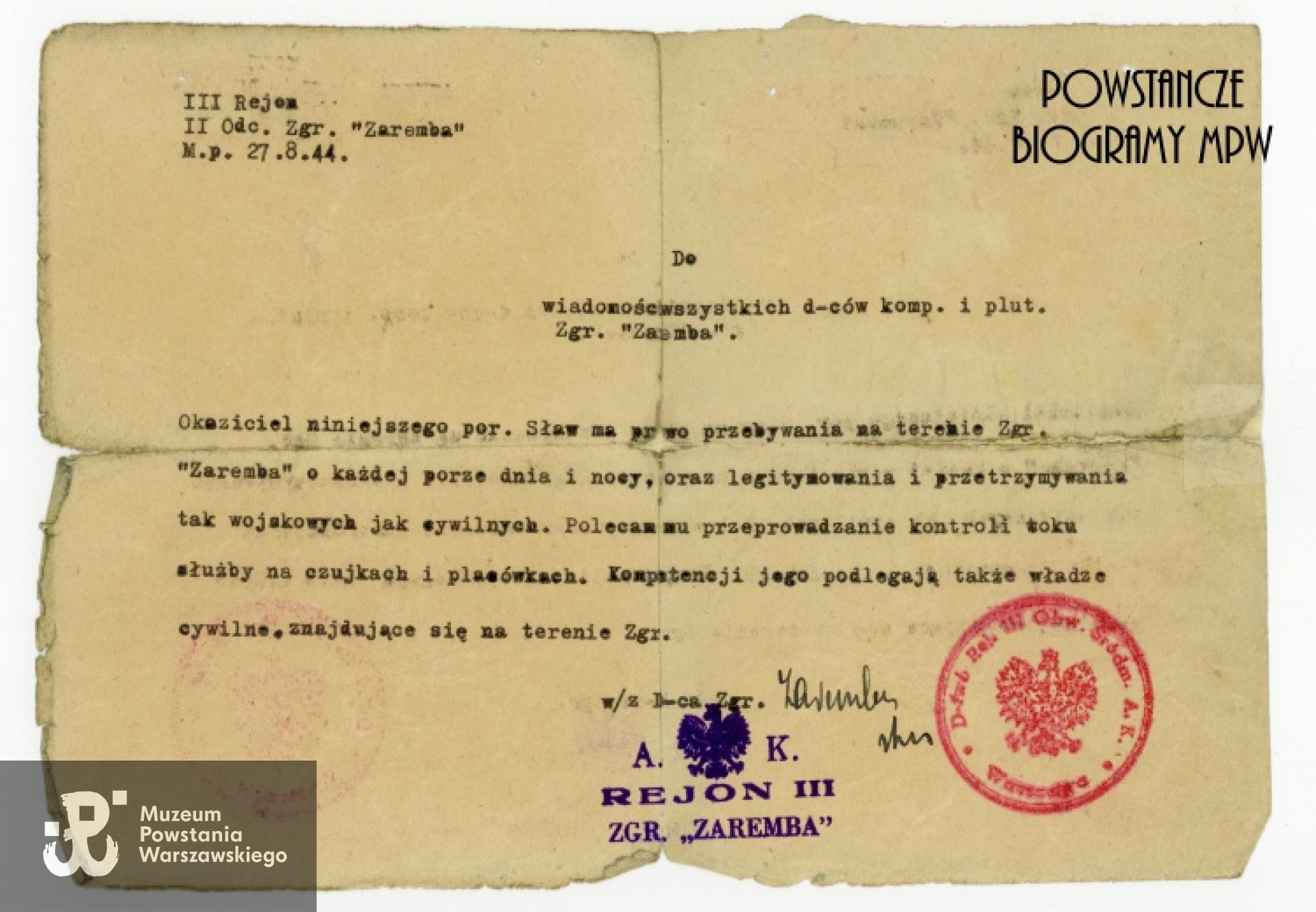 Zaświadczenie o  uprawnieniach do kontroli w III Rejonie I Obwodu wystawione na porucznika "Sława" (Jerzy Einhorn). Ze zbiorów Muzeum Powstania Warszawskiego, sygn. P/7657