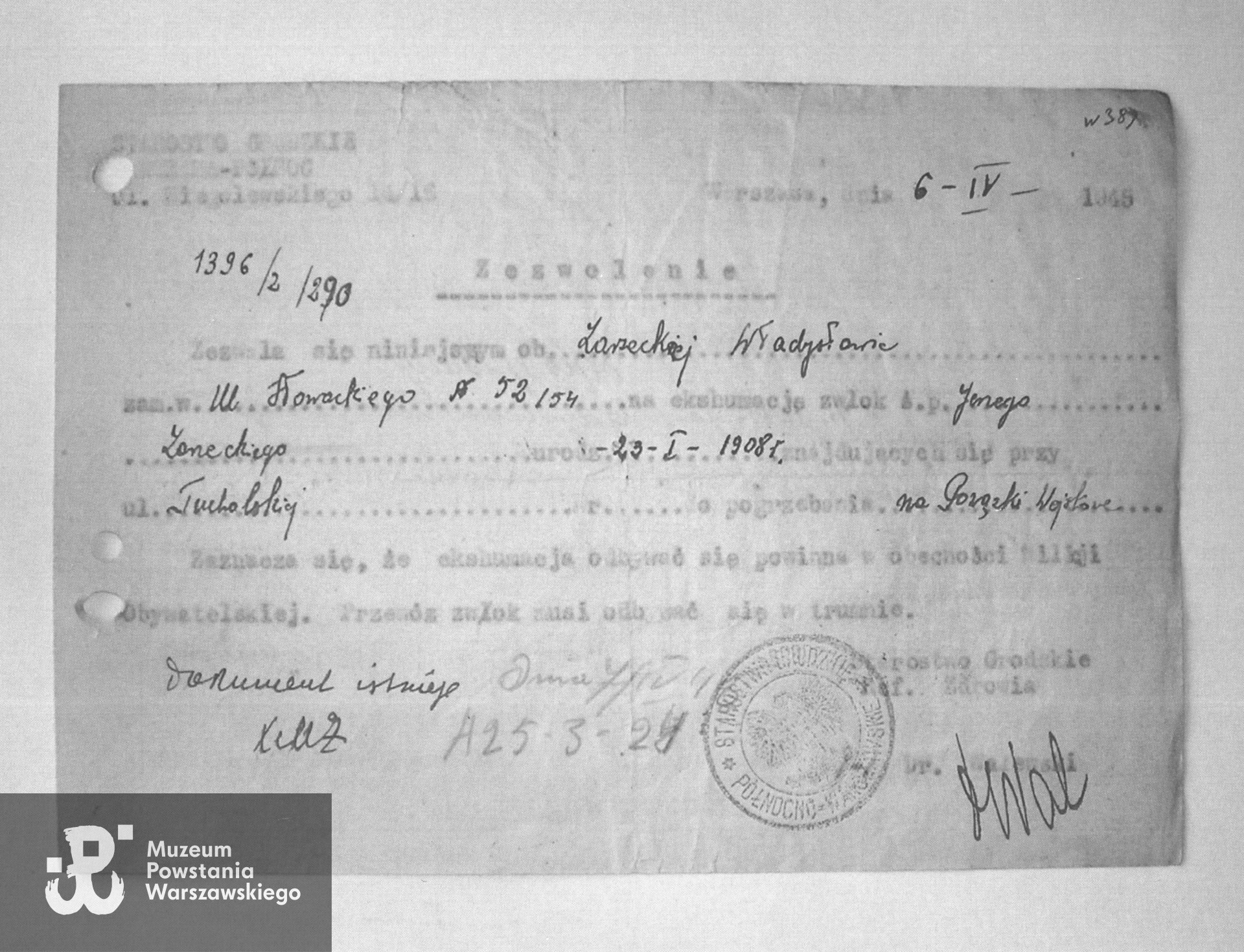 Zarząd Cmentarzy Komunalnych w Warszawie, Cmentarz Wojskowy, Księga Pochowań 1945/341/507. Zgoda na ekshumację zwłok kpt. Jerzego Zarzeckiego na Powązki Wojskowe wystawiona Władysławie Zarzeckiej
