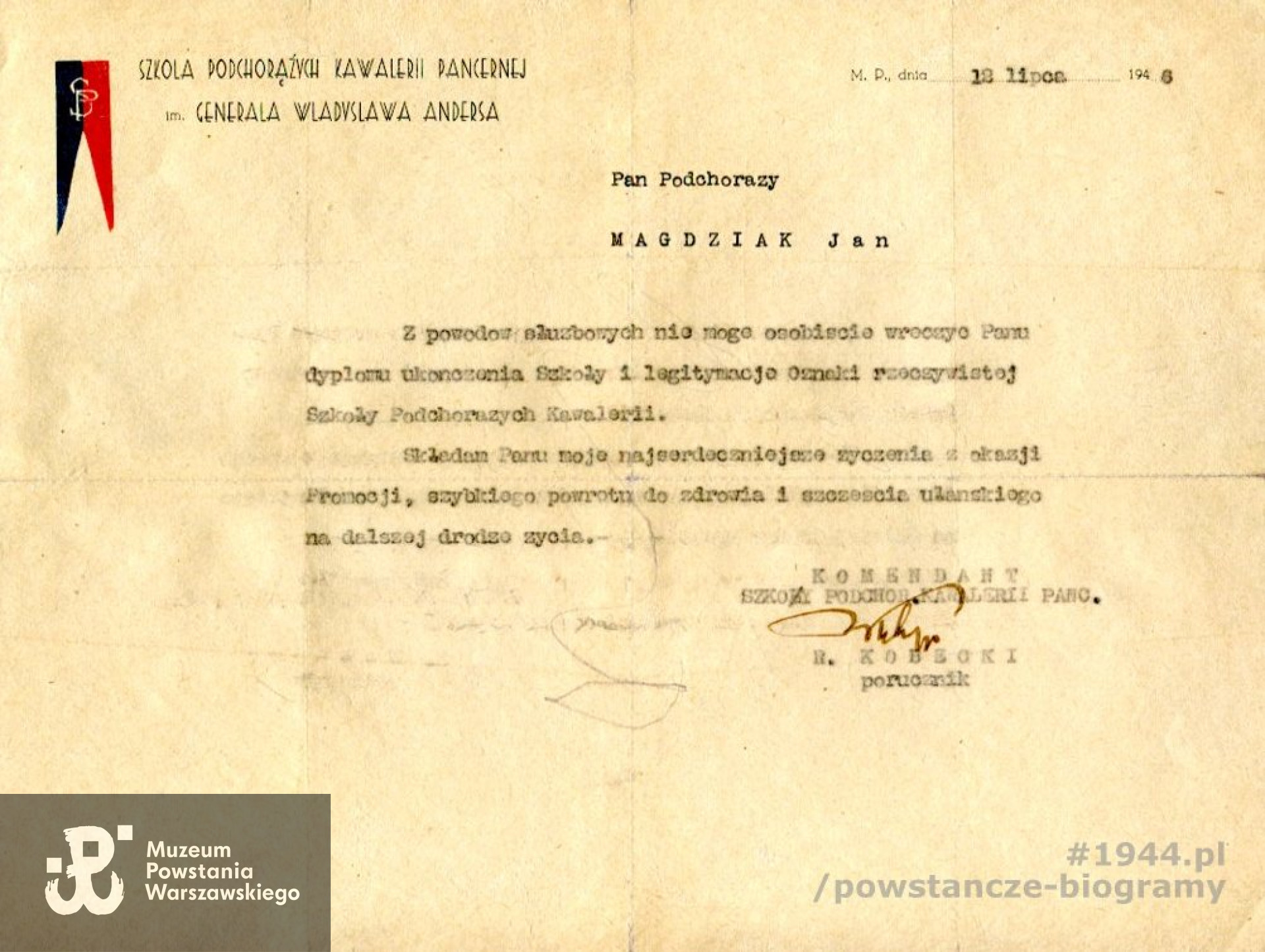 List skierowany do Jana Magdziaka z okazji ukończenia Szkoły Podchorążych Kawalerii Pancernej im. gen. Władysława Andersa. Ze zbiorów Muzeum Powstania Warszawskiego, MPW-A/1033