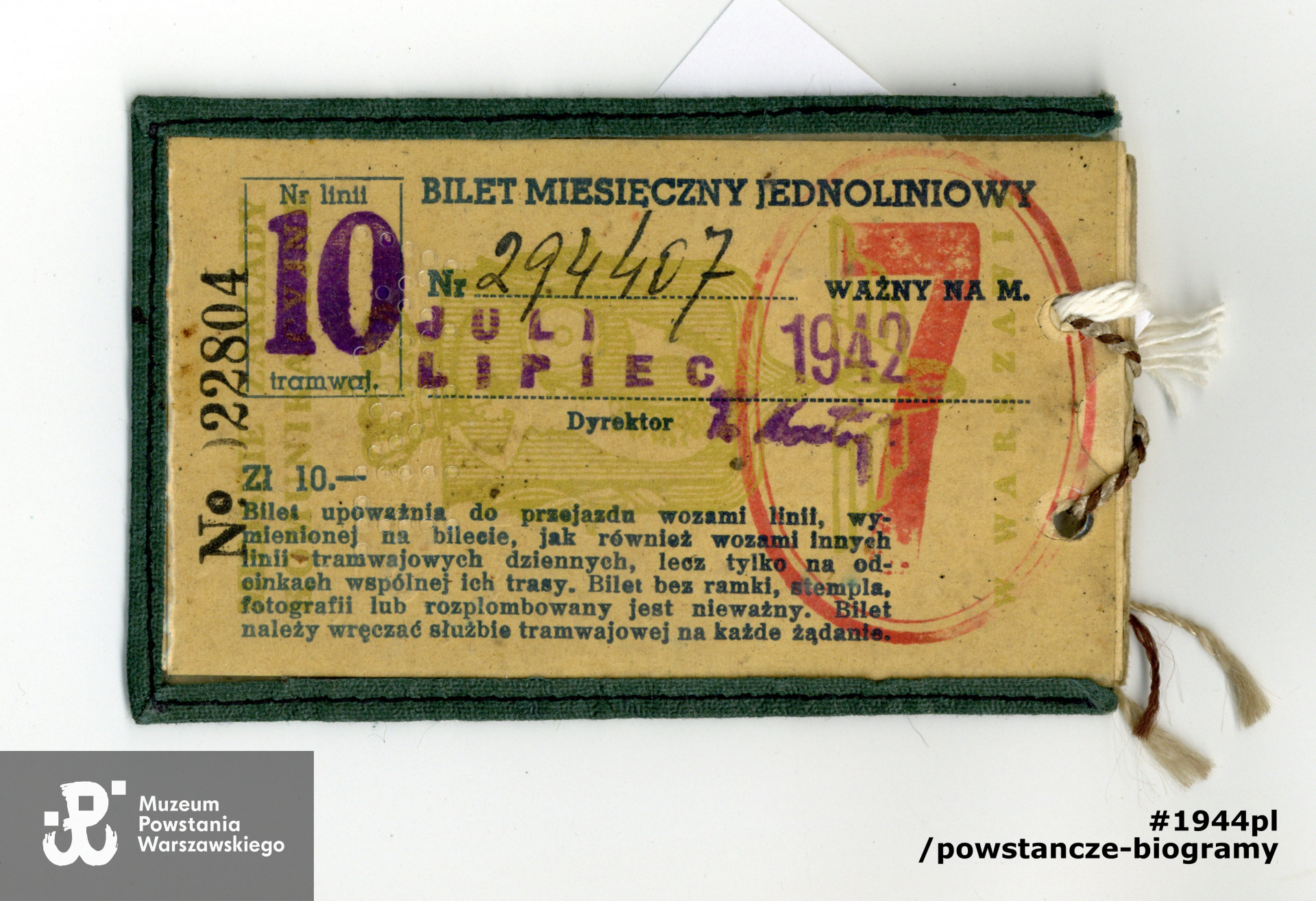 Legitymacja Miejskich Zakładów Komunikacyjnych w Warszawie z lipca 1942 r. wystawiona na nazwisko Anna Chycka. Ze zbiorów Muzeum Powstania Warszawskiego, sygn. P/9308