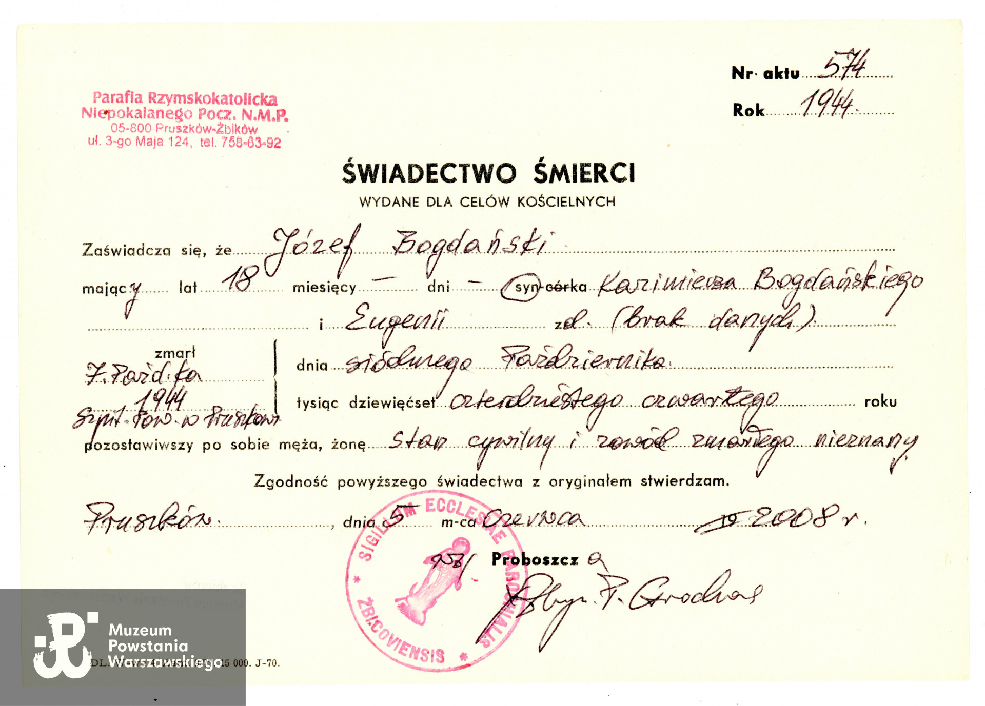 Świadectwo śmierci wystawione przez kancelarię Parafii Rzymskokatolickiej Niepokalanego Poczęcia NMP w Pruszkowie - Żbikowie 
