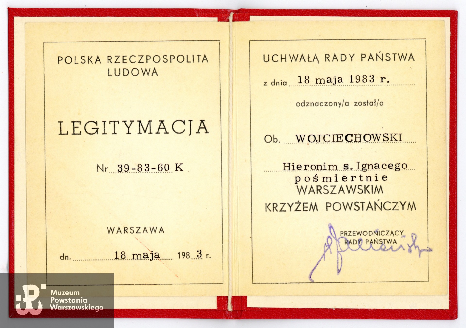 Legitymacja odznaczeniowa WKP przyznanego pośmiertnie por. Hieronimowi Wojciechowskiemu ps. Kurzawa. Ze zbiorów Muzeum Powstania Warszawskiego, sygn. P/9993, dar p. Marii Magdaleny Janiczek
