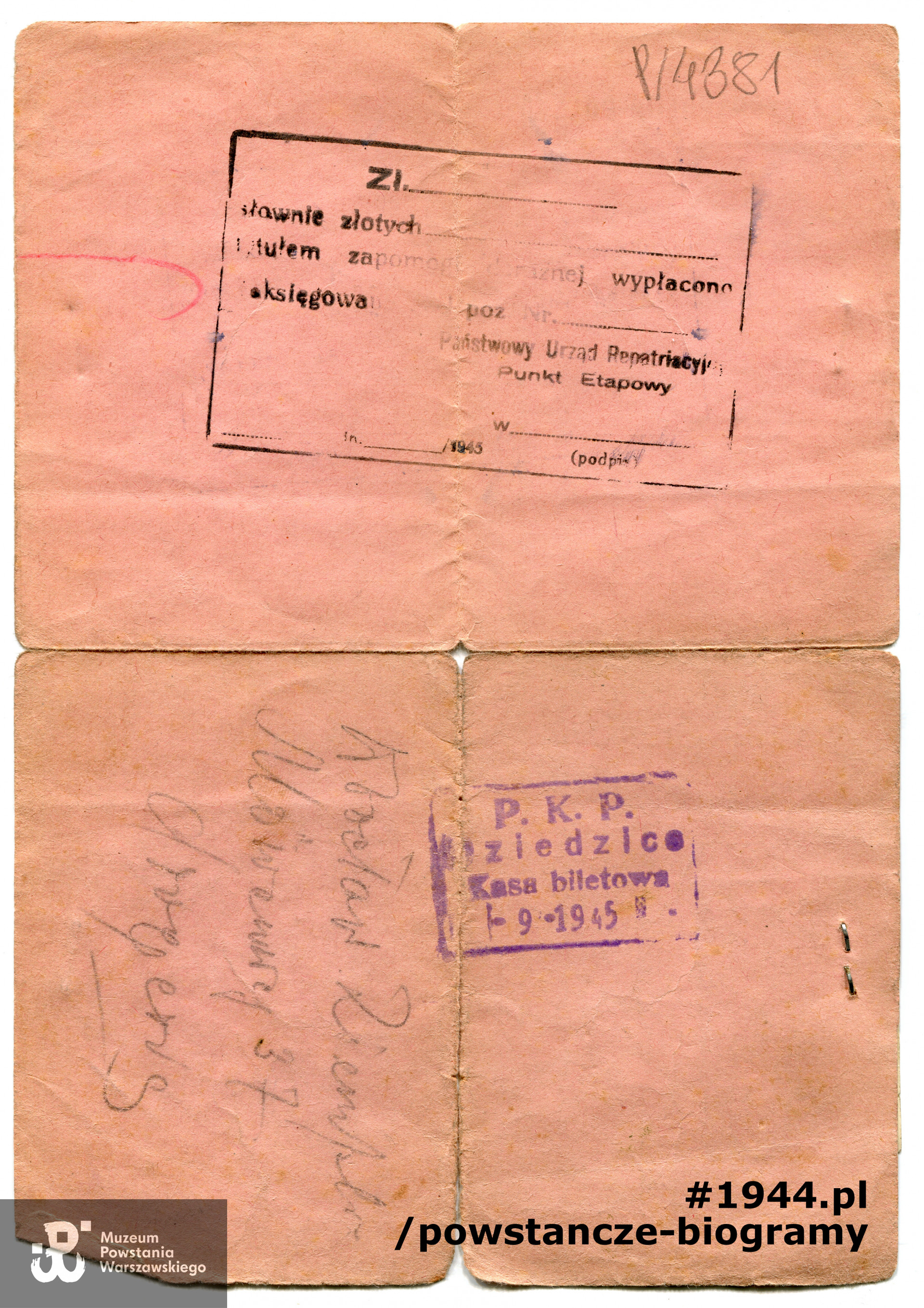 Zaświadczenie wydane przez Państwowy Urząd Repatriacyjny (PUR) na nazwisko Stanisław Berkieta - rewers. Ze zbiorów Muzeum Powstania Warszawskiego, sygn. P/4381, przekazał p. Adam Berkieta