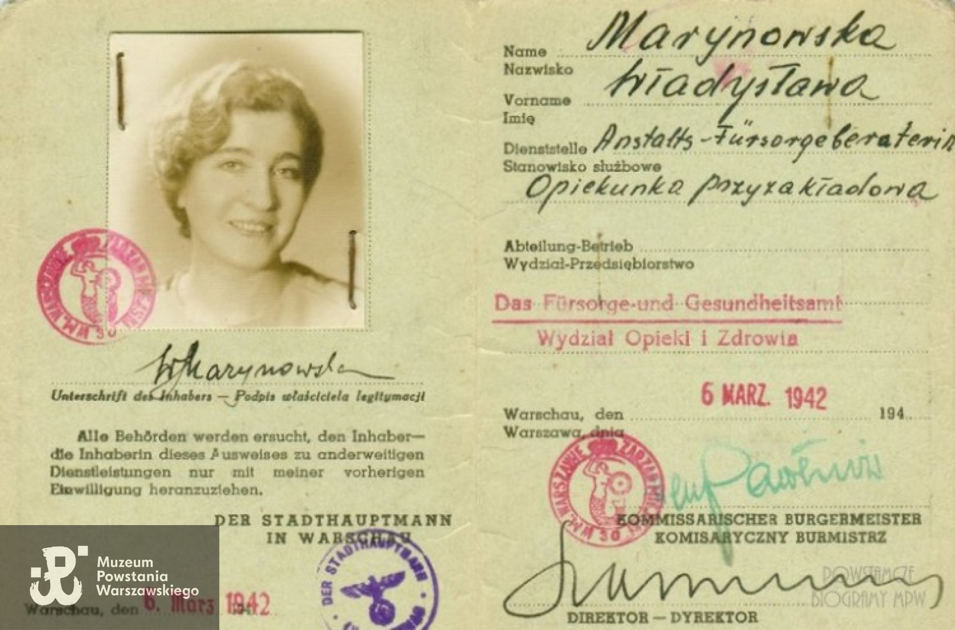 Legitymacja Wydziału Opieki i Zdrowia - 1942 r.