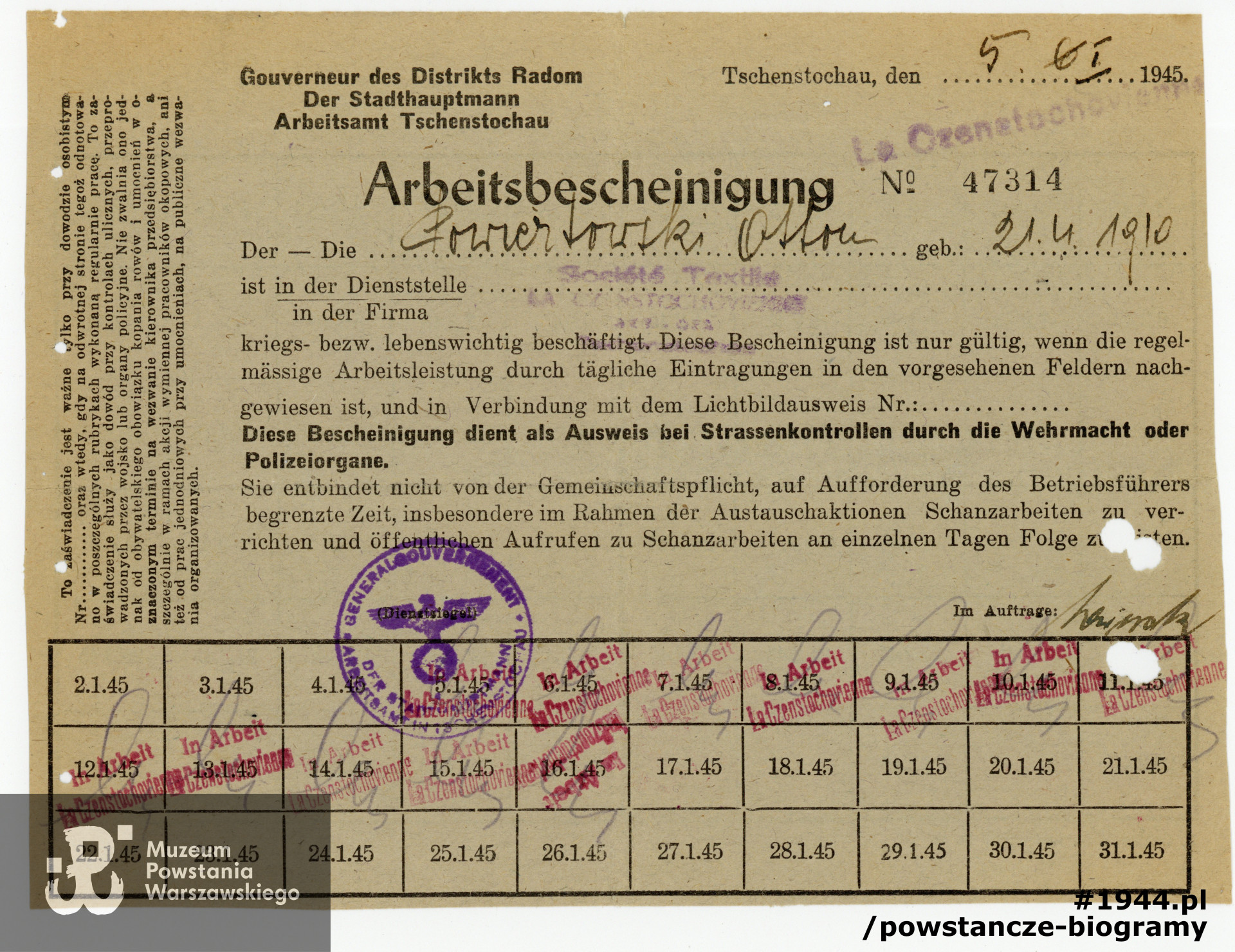 Arbeitsbescheinigungen. Z archiwum rodzinnego udostępniła córka, p. Joanna Brejnak