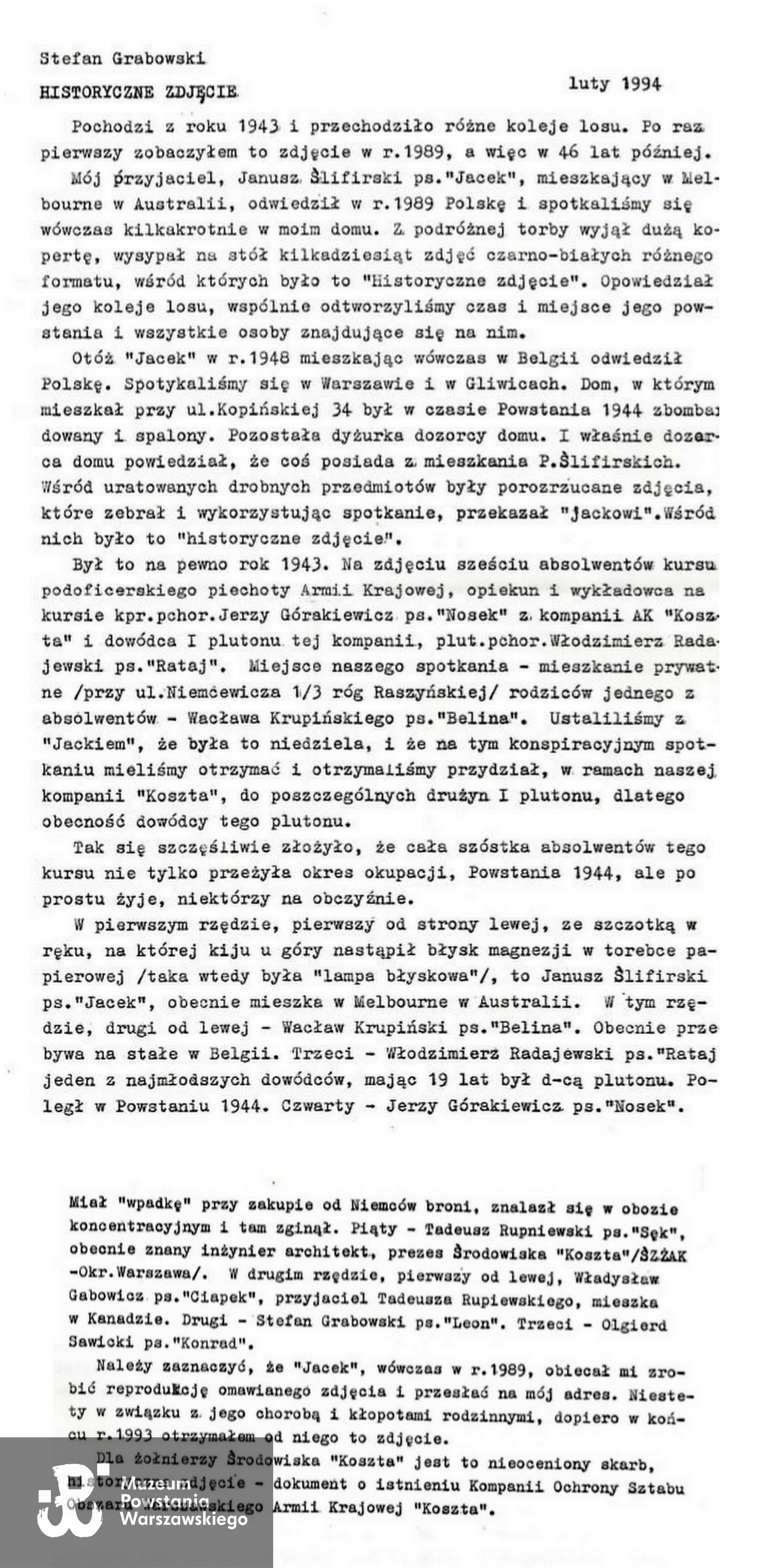 Stefan Grabowski: „Historyczne zdjęcie” (1994). Tekst udostępniła p. Zuzanna Sawicka