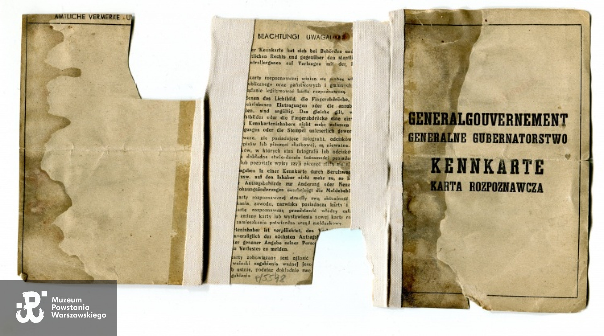 Kennkarta ks. Kazimierza Ciecierskiego. Na dokumencie widoczne ślady zaschniętej krwi. Ze zbiorów Muzeum Powstania Warszawskiego - ekspozycja stała.