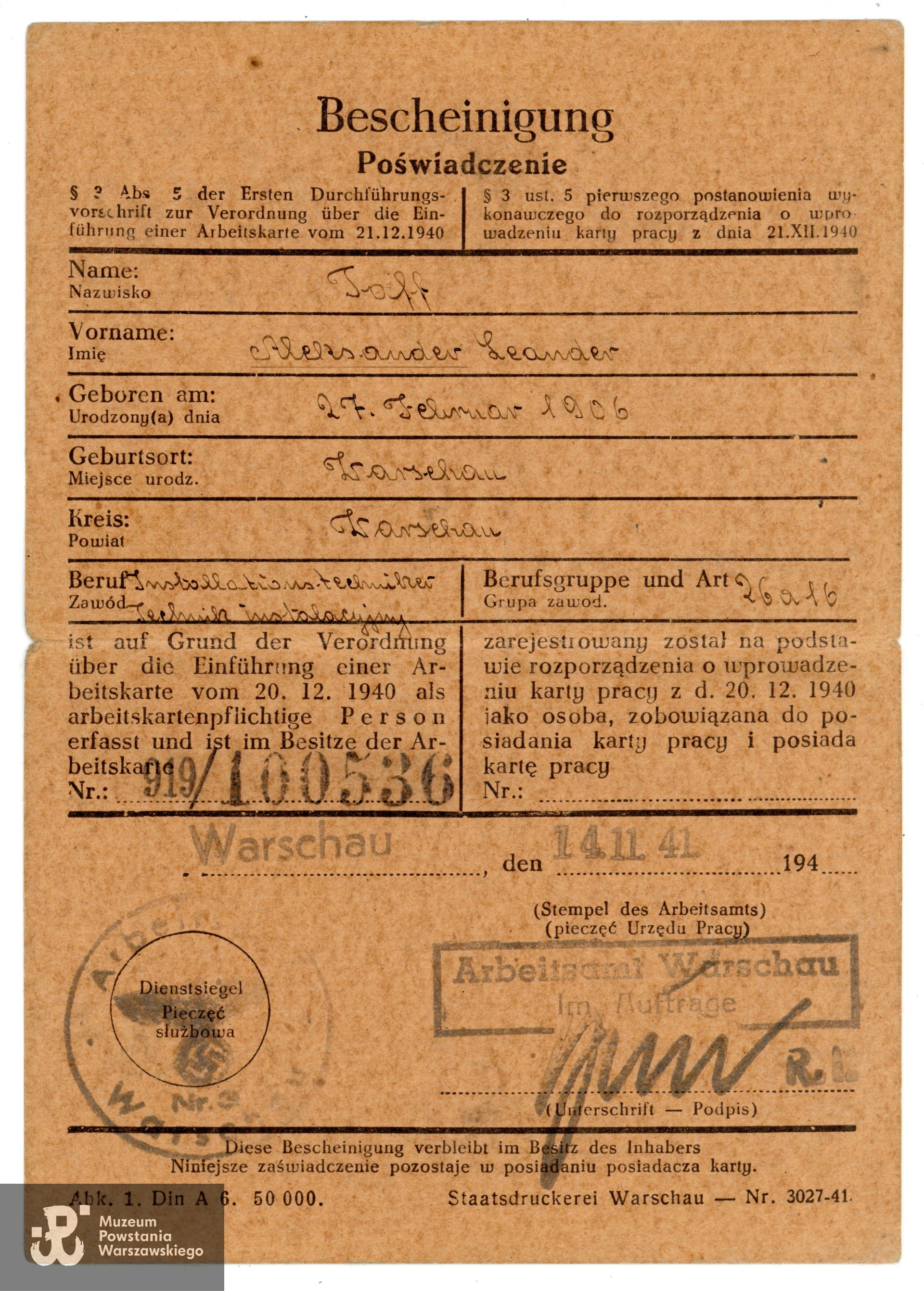 Ze zbiorów rodzinnych, udostępniła wnuczka Powstańca, p. Paulina Taff. Skany wykonano w Muzeum Powstania Warszawskiego, 06/2024