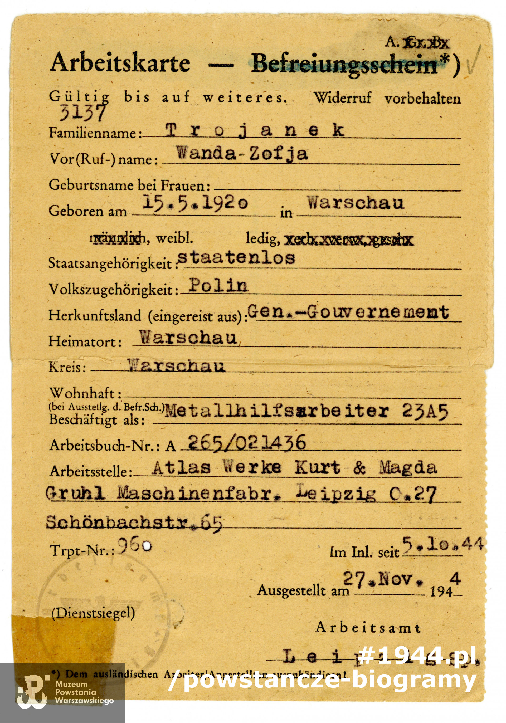 Ausländer-Karte, II strona dokumentu - Arbeitskarte. Ze zbiorów Muzeum Powstania Warszawskiego, MPW-A/2700