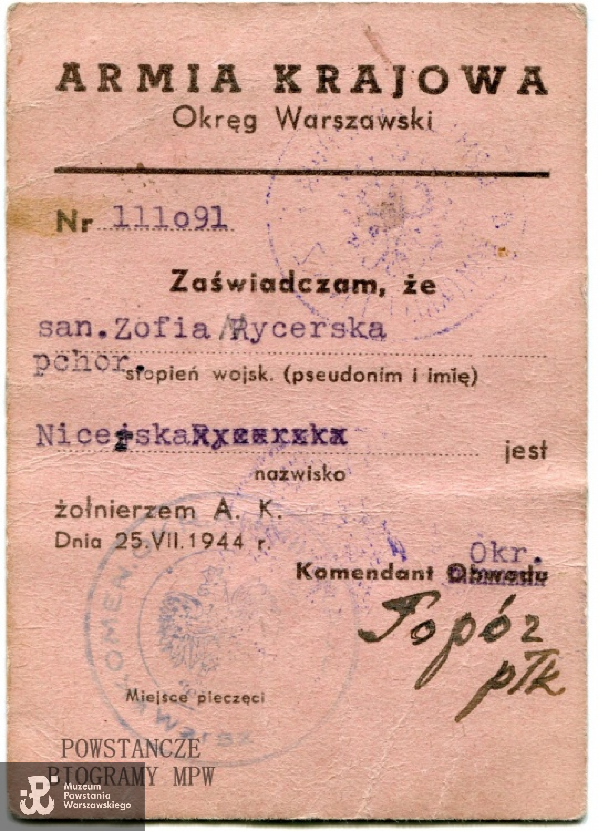 Legitymacja AK należąca do Zofii Nicerskiej. Dokument udostępniony przez p. Barbarę Mioduszewską-Caelles