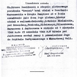 Muzeum Powstania Warszawskiego, Teczki personalne uczestników Powstania Warszawskiego: Dawidowski Brunon, uzasadnienie wniosku o odznaczenie Warszawskim Krzyżem Powstańczym