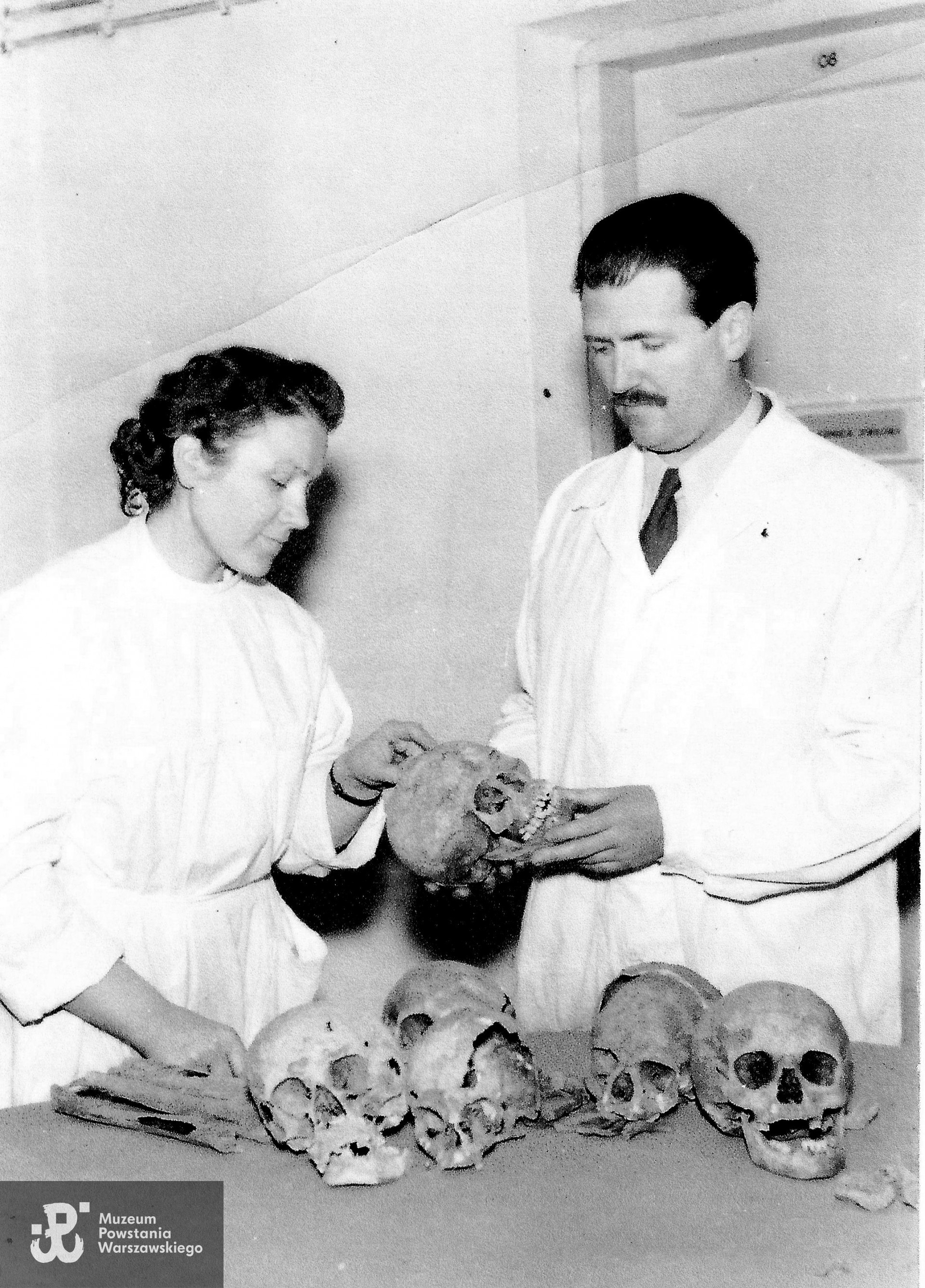Badanie materiału kostnego przez profesora T. Dzierżykray-Rogalskiego i doktor T. Samkowicz-Jelisiejew w Zakładzie Anatomii Prawidłowej Człowieka AMB, 1959. Zbiory Muzeum Historii Medycyny i Farmacji UMB