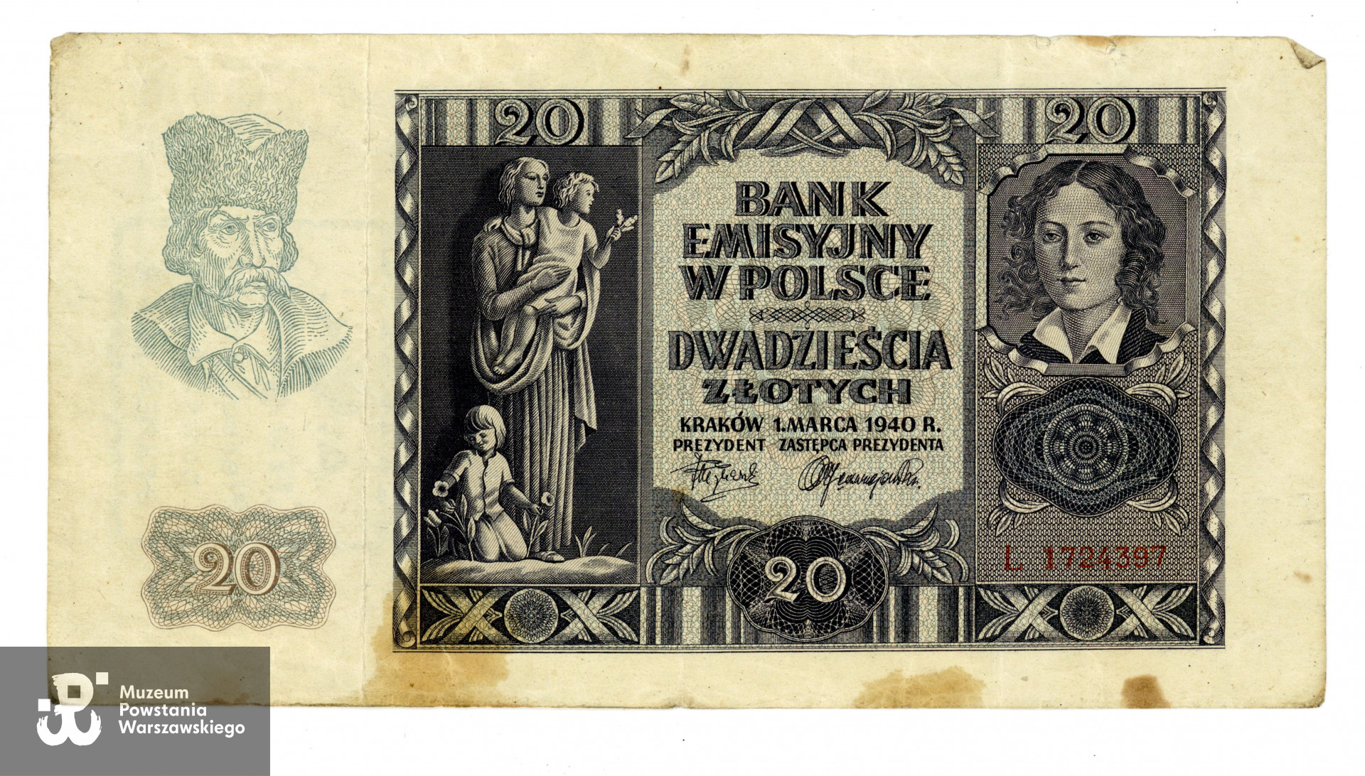 Banknot o nominale 20 zł. tzw. "młynarka" Banknot o nominale 20 zł, emisja: 01.03.1940 r., Bank Emisyjny w Polsce, ser. L1724397. Na rewersie stempel  <i><strong>AK"Reguła" Pierwszy żołd powstańczy sierpień 1944".</strong></i> Zbiory p. Michała Zabłockiego - archiwum rodzinne.