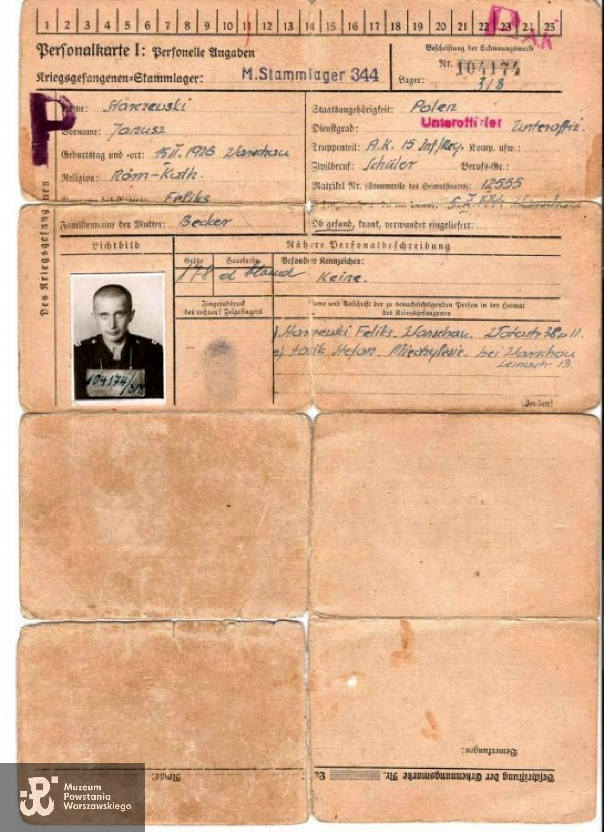 Karta personalna jeńca wystawiona w Stalagu 344 Lamsdorf