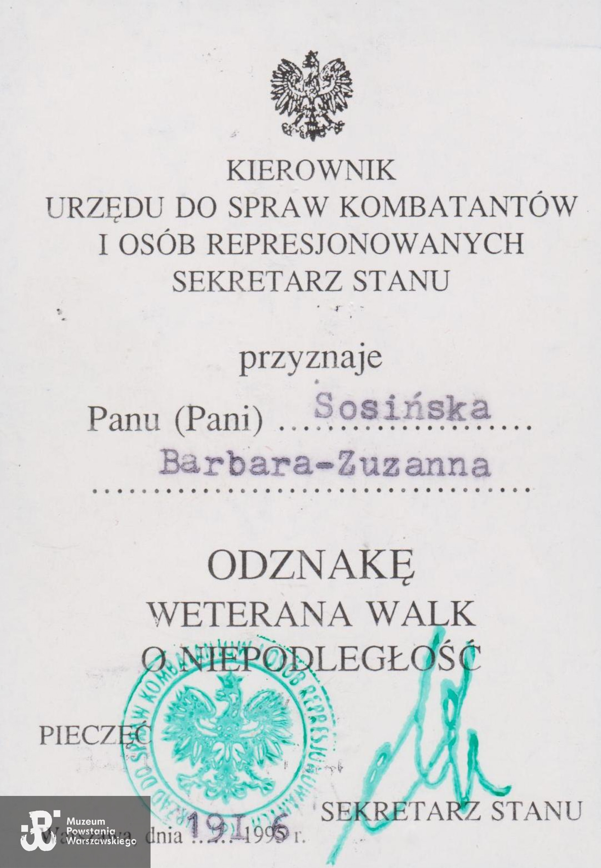 Dokument z archiwum rodzinnego Barbary i Janusza Sosińskich