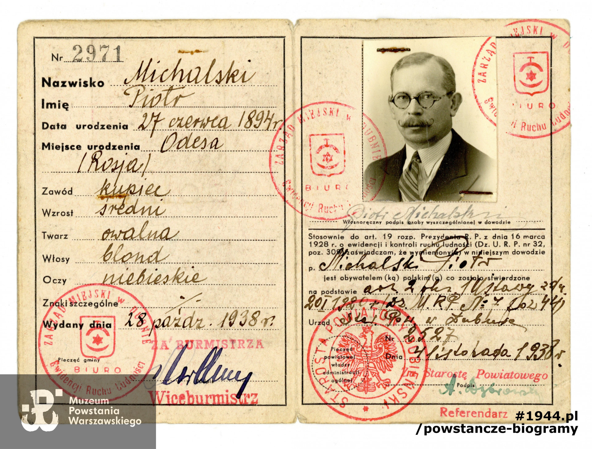 Przedwojenny dowód osobisty. Dokument wystawiony na nazwisko Piotr Michalski, data ur. 27.06.1894, Odessa. Ze zbiorów Muzeum Powstania Warszawskiego, sygn. P/1796