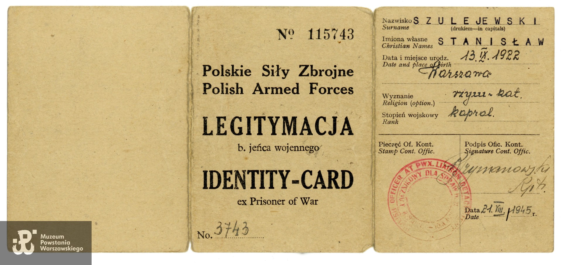 Legitymacja byłego jeńca wojennego (PSZ). Ze zbiorów rodzinnych,   udostępniła p. Paulina Szulejewska. Skany wykonano w Muzeum Powstania Warszawskiego, 2023 r. 