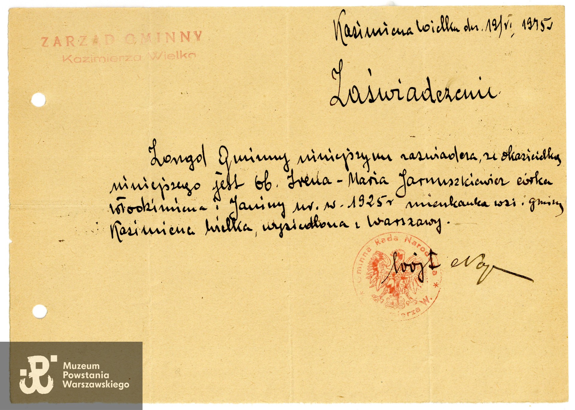 Zaświadczenie wystawione w 1945 o wysiedleniu  Ireny Jarnuszkiewicz z Warszawy. Ze zbiorów rodzinnych, udostępniła p. Maria Łempicka