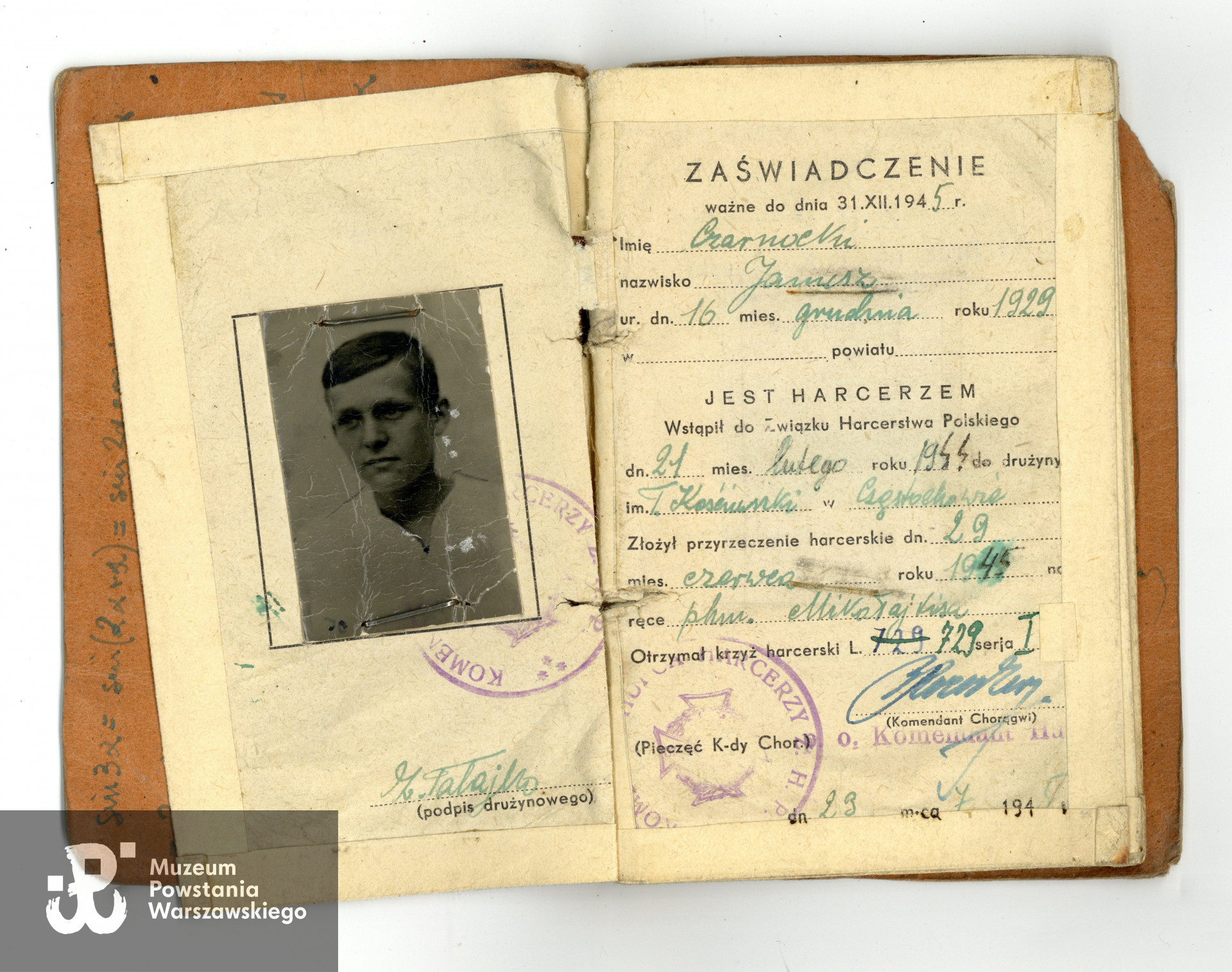 Należąca do Krzysztofa Czarnockiego Harcerska Książeczka Służbowa. Ze zbiorów rodzinnych p. Anny Marchel, córki Powstańca. Skany wykonano w Muzeum Powstania Warszawskiego w styczniu 2024.