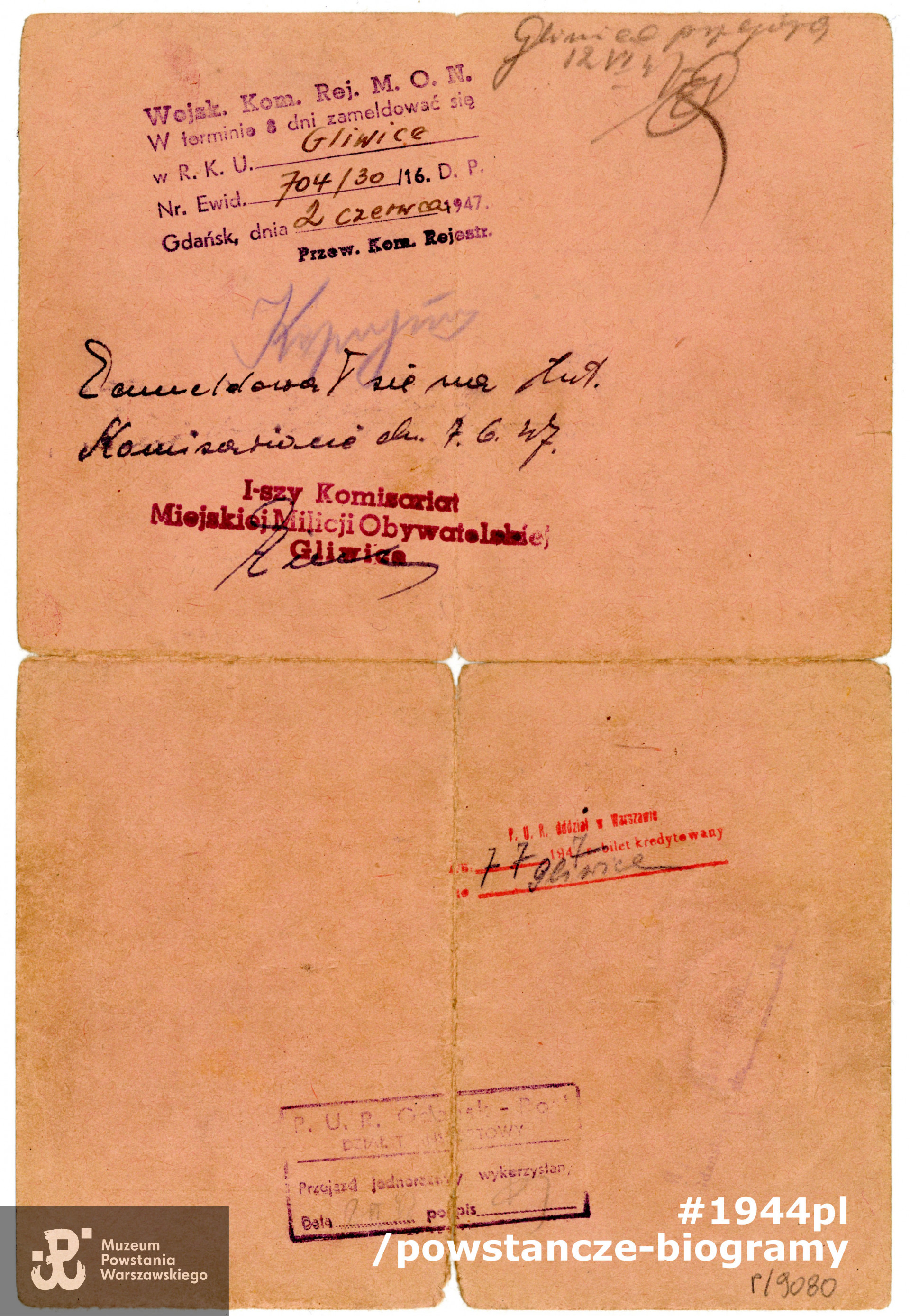 Zaświadczenie Państwowego Urzędu Repatriacyjnego (PUR) wystawione na nazwisko Wojciech Tabaczkiewicz. Dokument z dn. 02.06.1947 r.    Ze zbiorów Muzeum Powstania Warszawskiego, sygn. P/9080/18