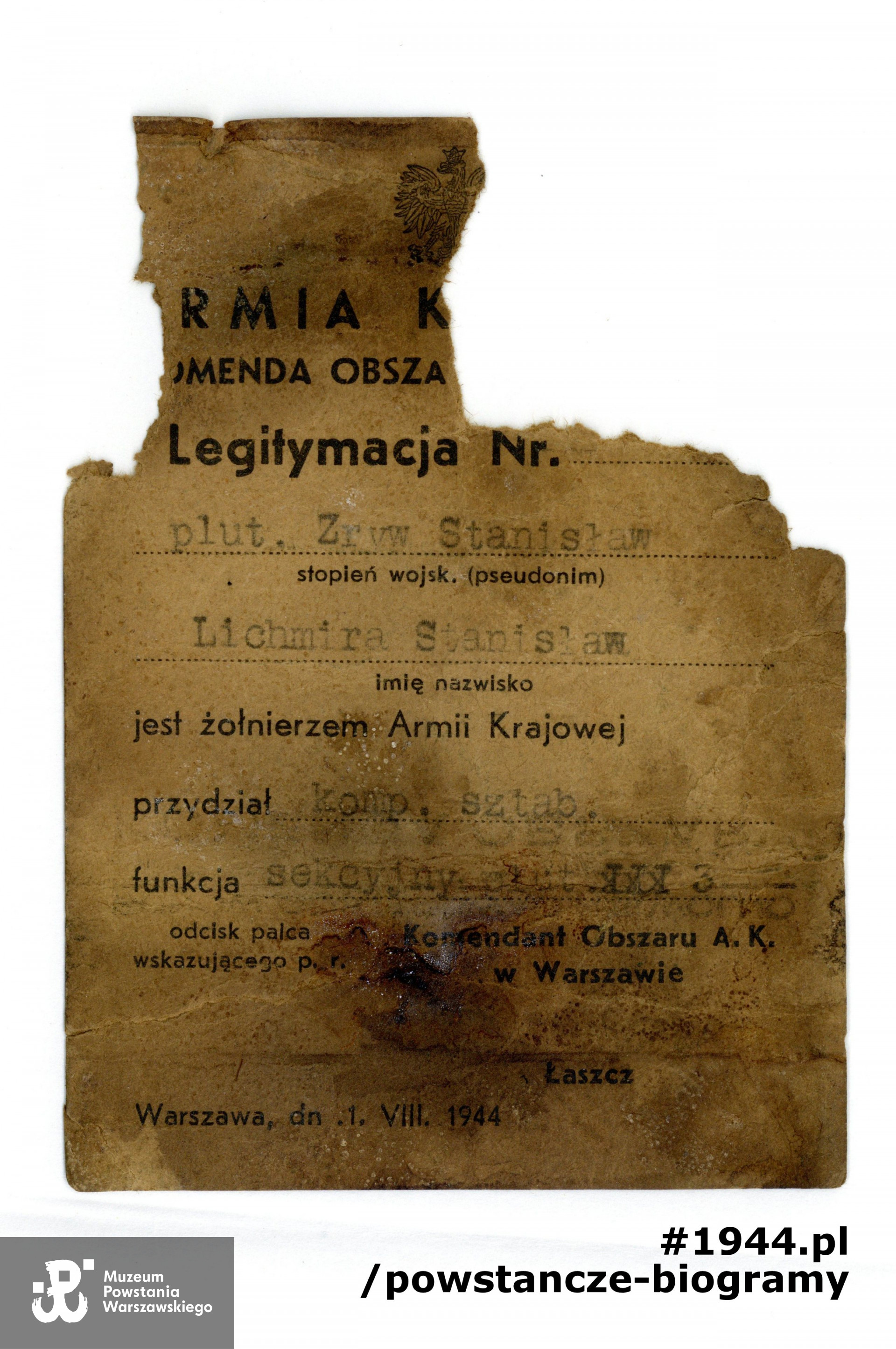 Legitymacja AK na nazwisko Stanisława Lichmira ps. "Zryw". Dokument  z ekshumacji. Ze zbiorów Muzeum Powstania Warszawskiego, sygn. P/3305