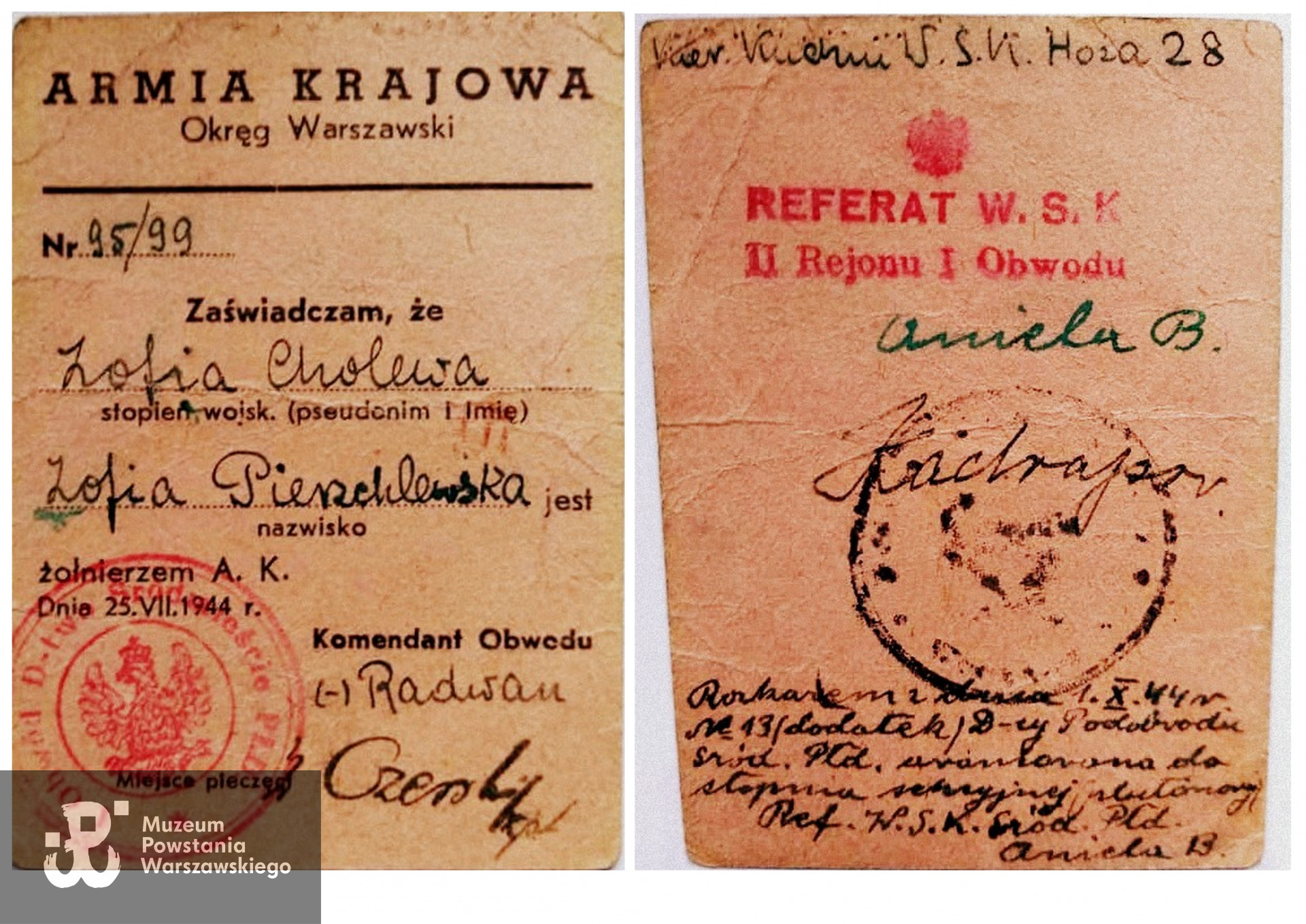 Należąca do Zofii Pierzchlewskiej legitymacja Armii Krajowej z dn 25 VII 1944 r. Dokument podpisany przez Komendanta Obwodu Śródmieście płk. "Radwana". Fot. archiwum rodzinne pp. Pierzchlewskich, fotokopia w zasobie MPW: P/8973/18 (płyta CD)