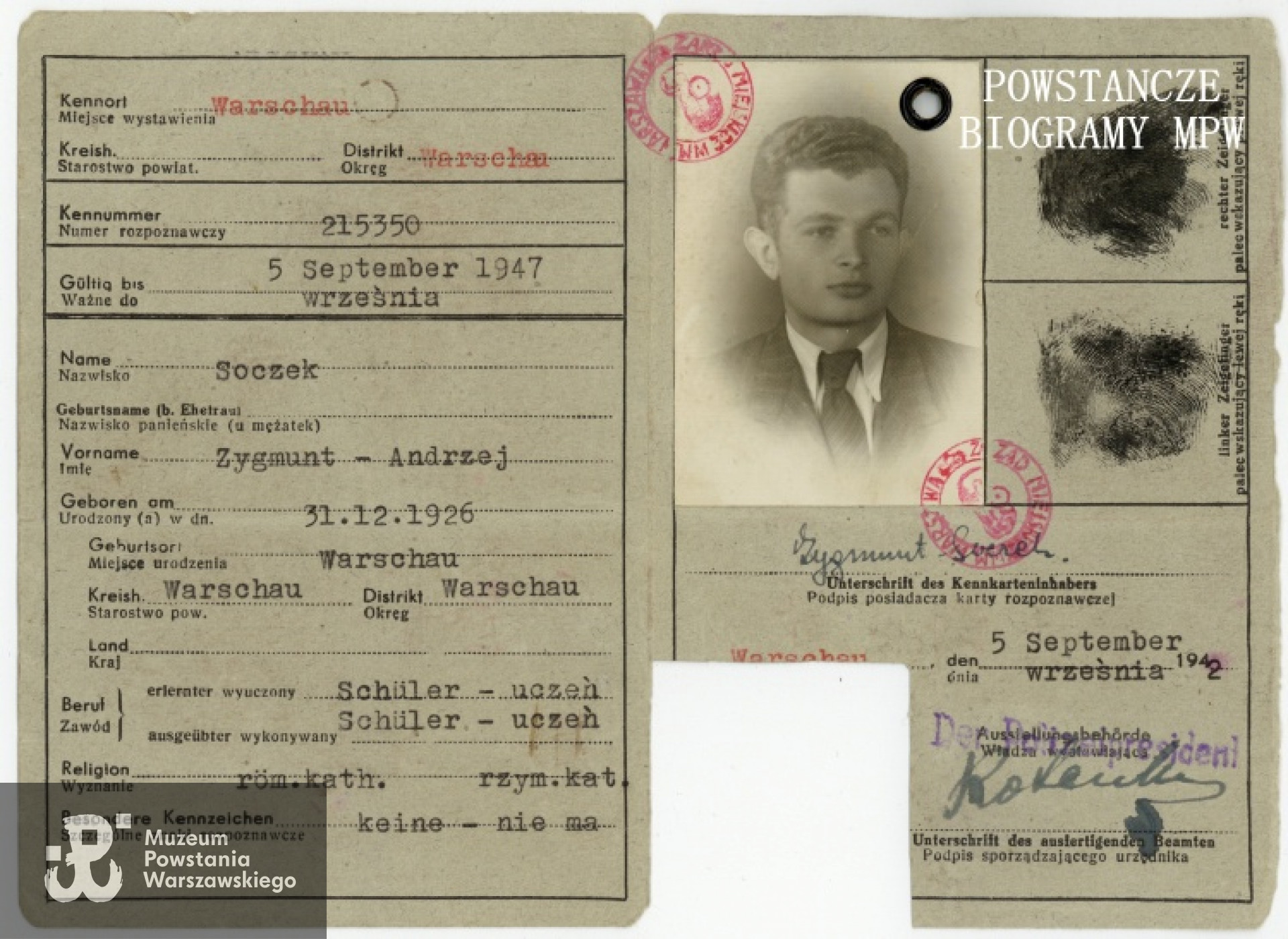 Należąca do Zygmunta Skoczka karta rozpoznawcza (Kennkarte GG) nr 215350. Ze zbiorów Muzeum Powstania Warszawskiego, sygn. P/7255