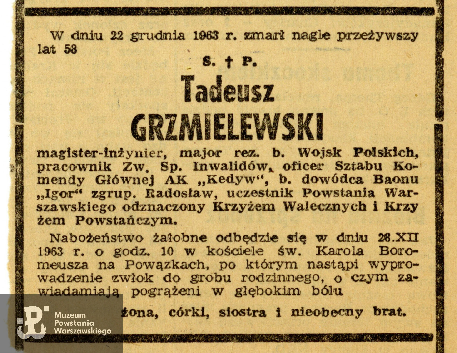 Nekrolog prasowy. Ze zbiorów rodzinnych p. Aleksandry Gaworskiej, córki mjr. Tadeusza Grzmielewskiego. Skany wykonano w Muzeum Powstania Warszawskiego we wrześniu 2021 r. 