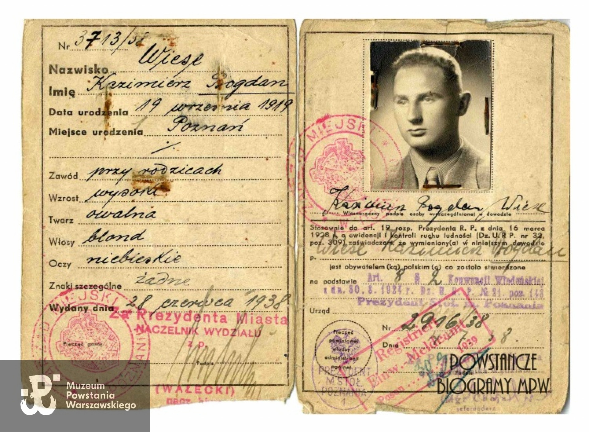 Kazimierz Bogdan Wiese: dowód osobisty wydany przez polskie władze w roku 1938. Ze zbiorów Muzeum Powstania Warszawskiego, sygn. P/4479