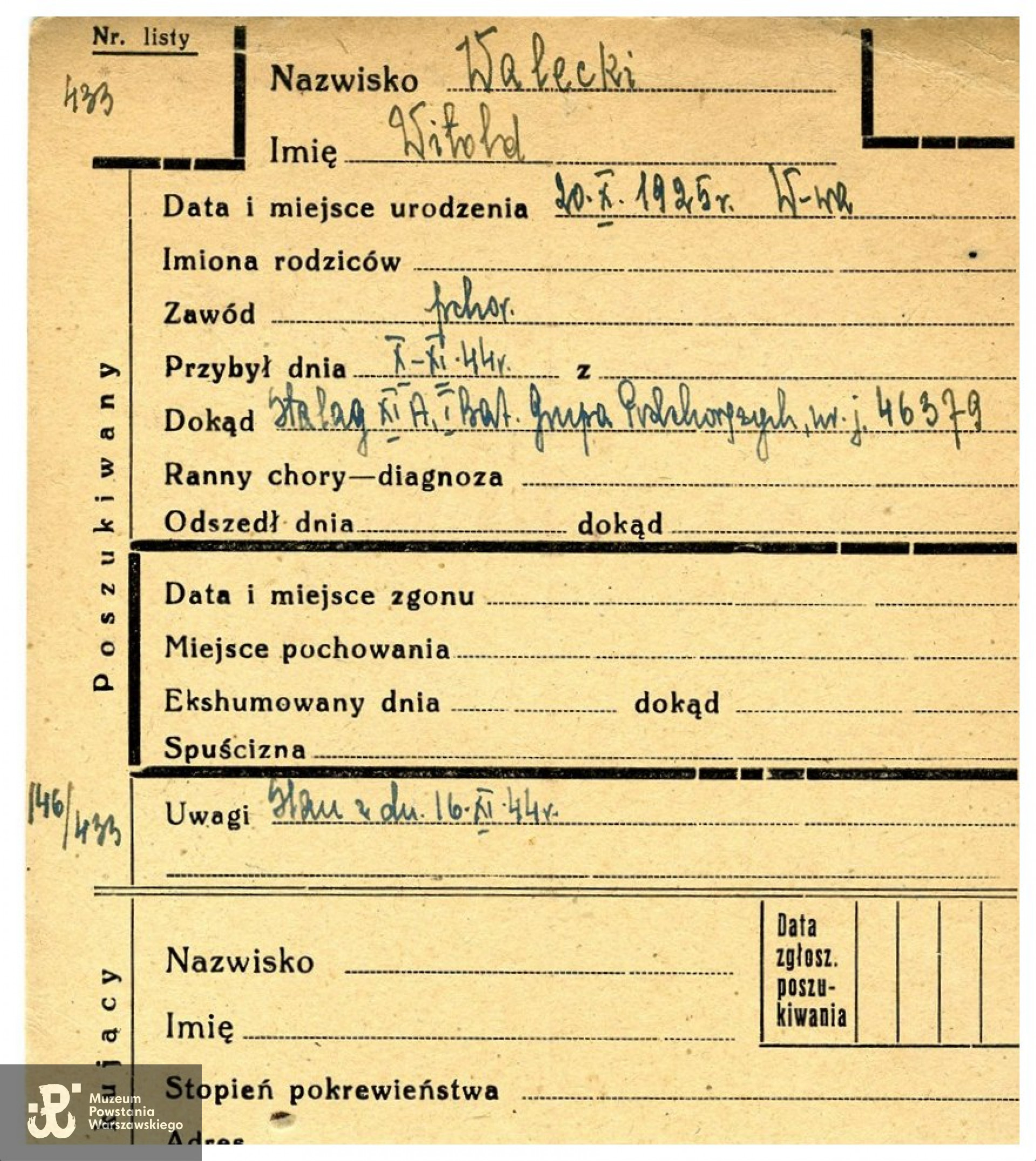 PCK - kartoteka. Uwaga! w zapisach jenieckich występuje nieprawdziwa data urodzenia - 25.10.1925