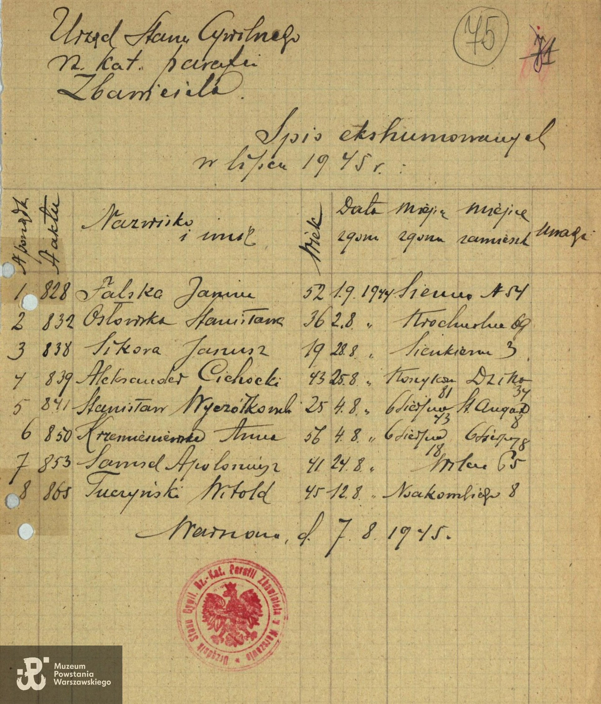 Archiwum Państwowe m. st. Warszawy - listy ekshumowanych.