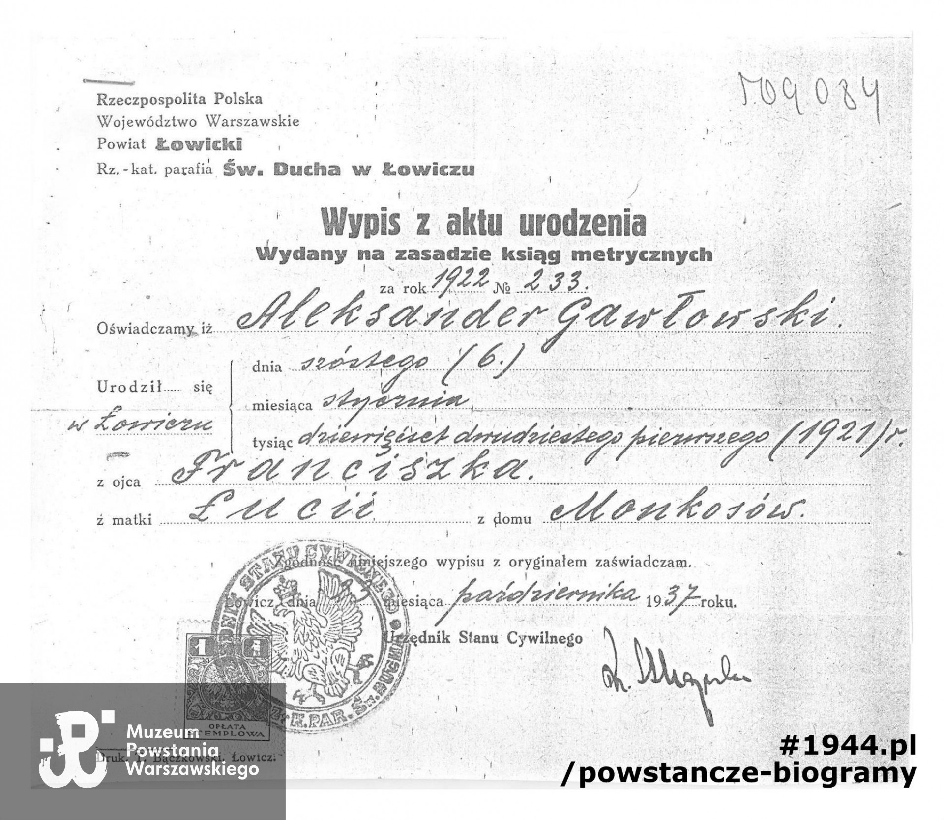 Wypis z aktu urodzenia. Z archiwum rodzinnego brata, p. Stanisława Gawłowskiego