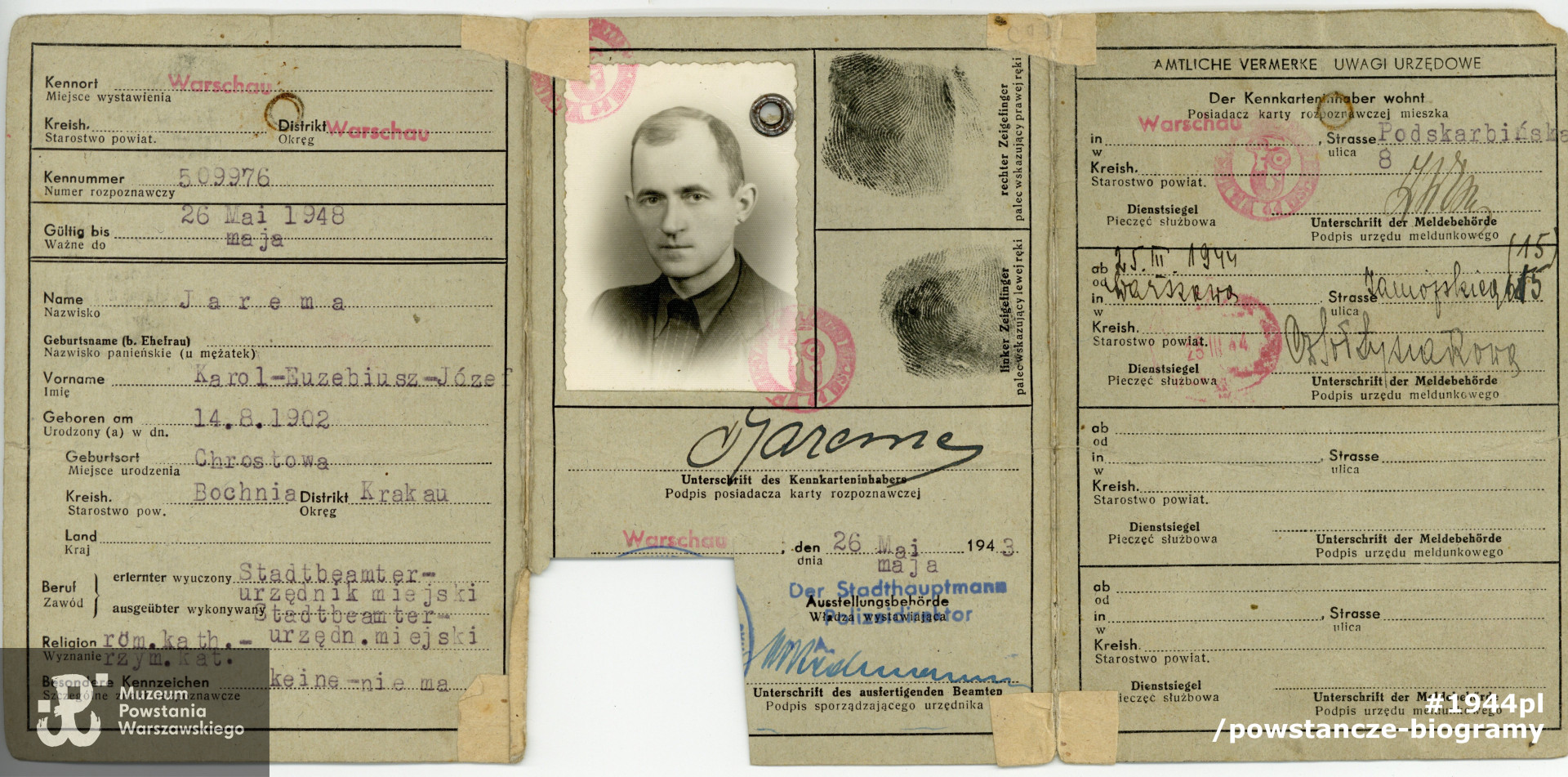 Należąca do Euzebiusza Karola Jaremy kennkarta (karta rozpoznawcza).  Ze zbiorów prywatnych, udostępnił Patryk Stefański
